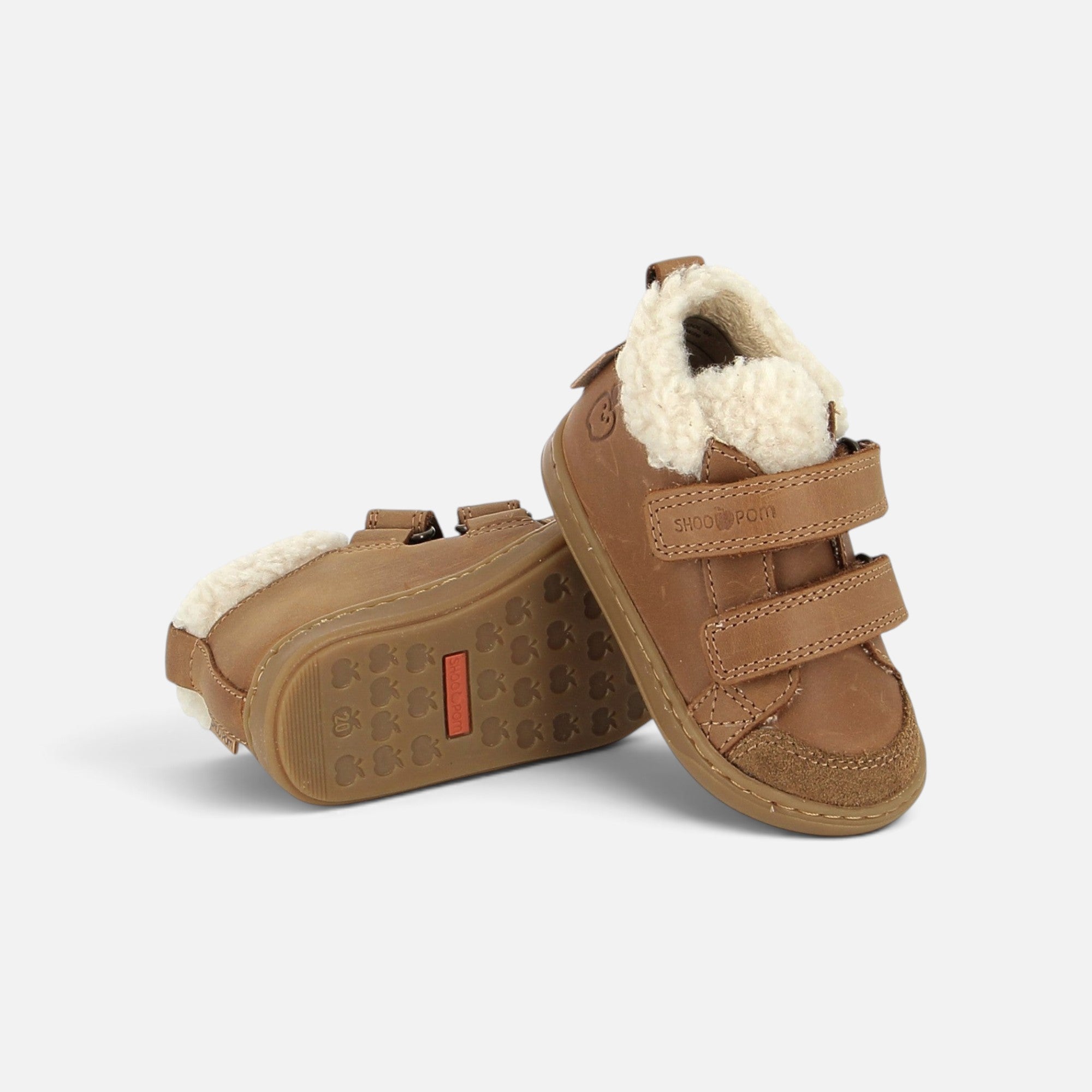 Chaussures premiers-pas Shoo Pom Bouba en cuir camel avec doublure en laine et fermeture à scratch
