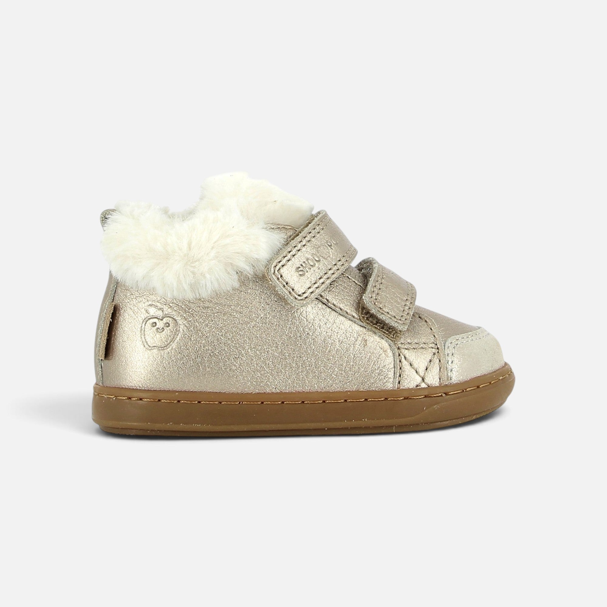 Chaussure premiers-pas Shoo Pom Bouba en cuir grainé platine avec scratchs et doublure en fourrure synthétique
