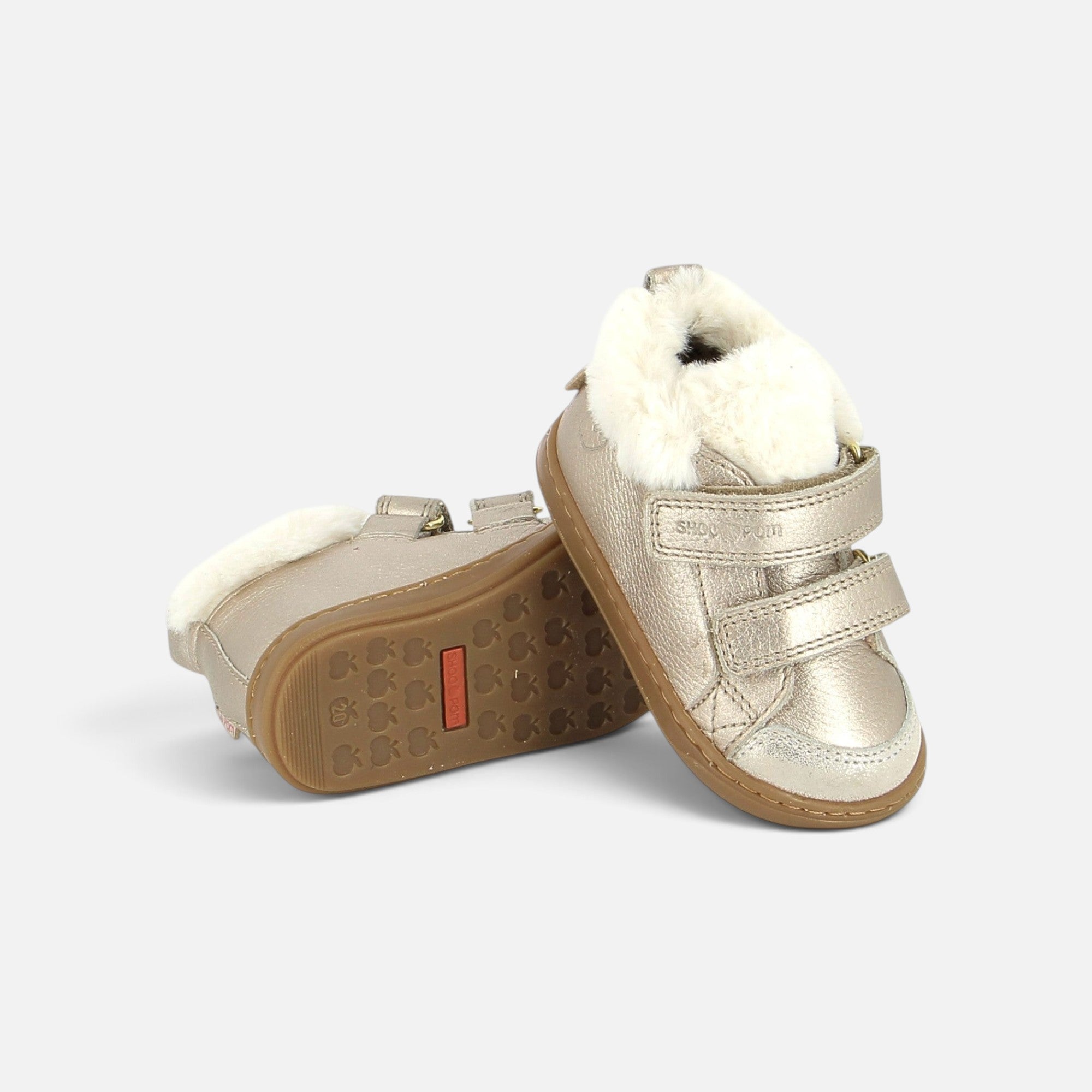 Chaussures premiers-pas Shoo Pom Bouba en cuir grainé doré avec doublure en laine et fermeture à scratchs
