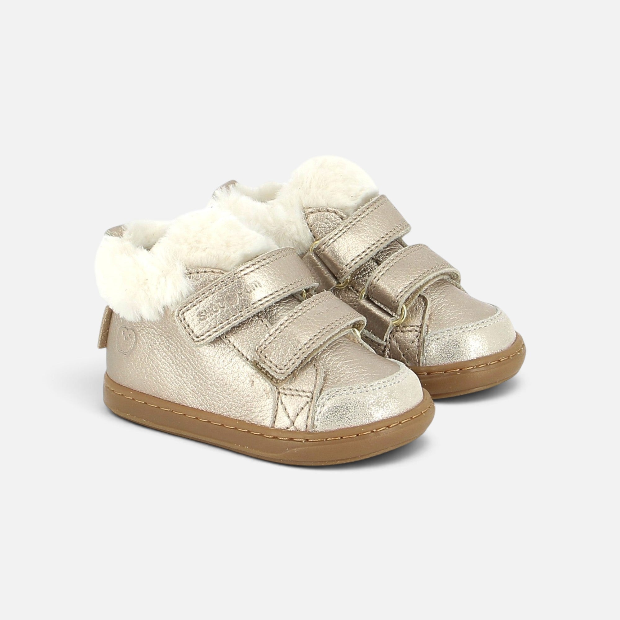 Chaussures premiers pas Shoo Pom Bouba en cuir grainé platine avec doublure fourrée et fermeture à scratch
