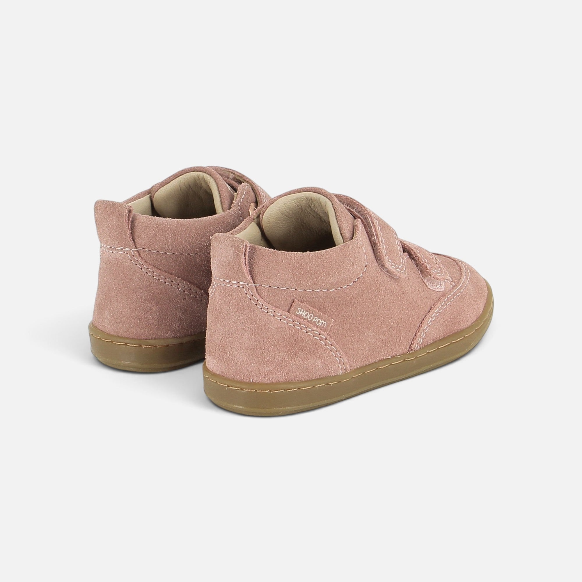 Chaussures premiers-pas Shoo Pom Bouba Scroll Easy en velours rose phard avec semelle souple et fermeture scratch