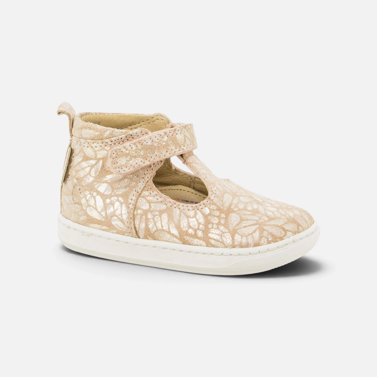 Sandale Shoo Pom Bouba Up beige en cuir avec imprimé argenté, tige haute et fermeture auto-agrippante pour enfant.