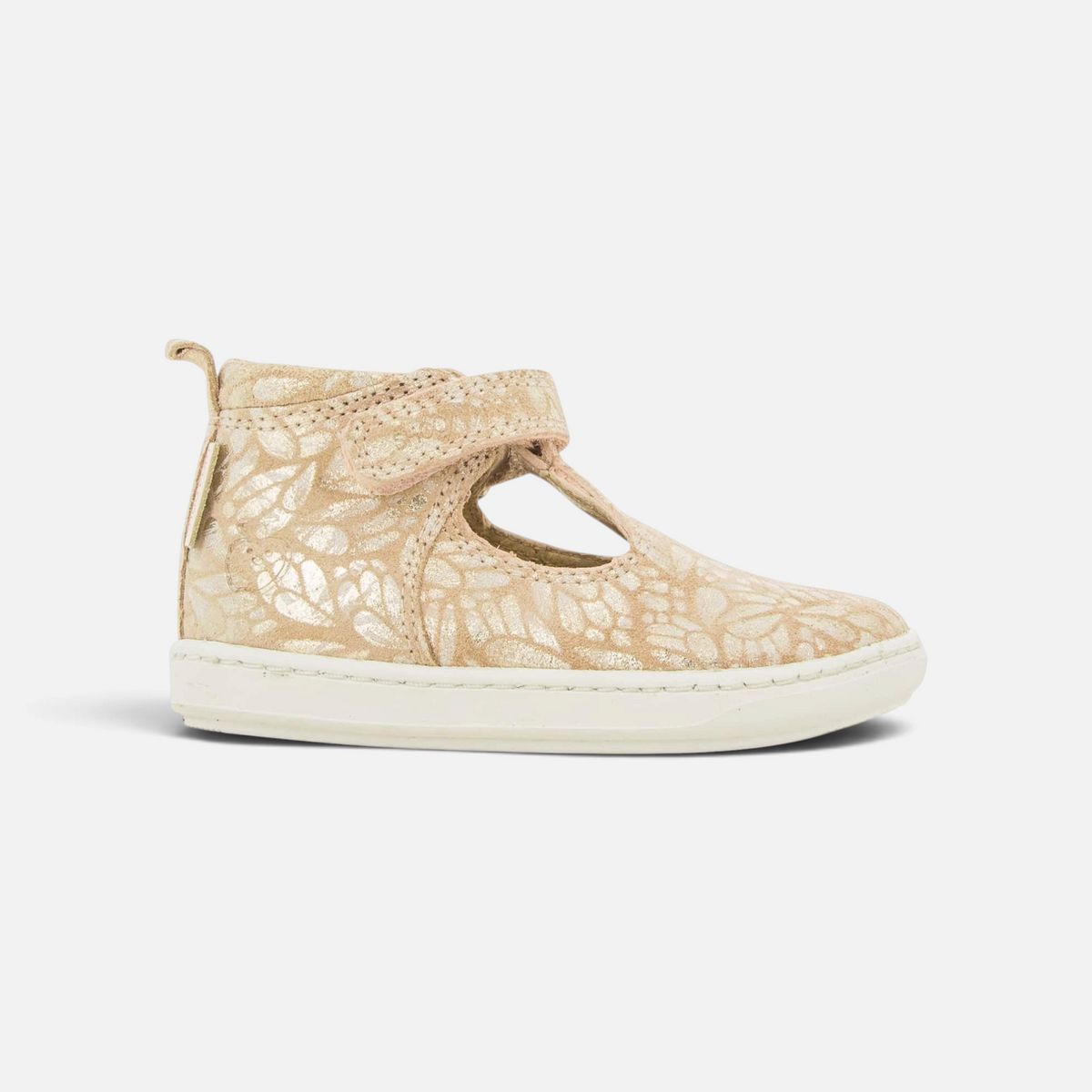 Sandale premier pas Shoo Pom Bouba Up en cuir beige avec imprimé feuilles argentées et fermeture auto-agrippante