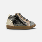 Chaussures premiers pas Shoo Pom Bouba Zip en cuir noir et platine avec lacets pailletés et semelle souple