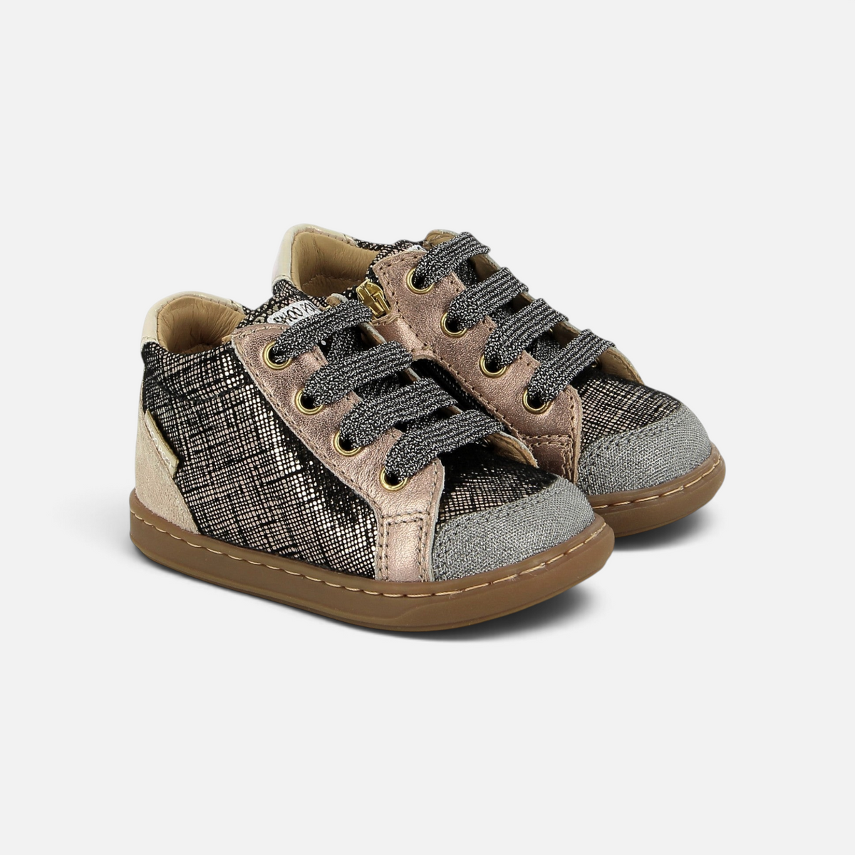 Chaussures premiers-pas Shoo Pom Bouba Zip en lin noir et platine avec lacets pailletés et semelle en caoutchouc