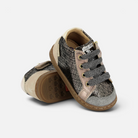 Chaussures premiers-pas Shoo Pom Bouba Zip en cuir noir et platine avec lacets pailletés et fermeture éclair latérale