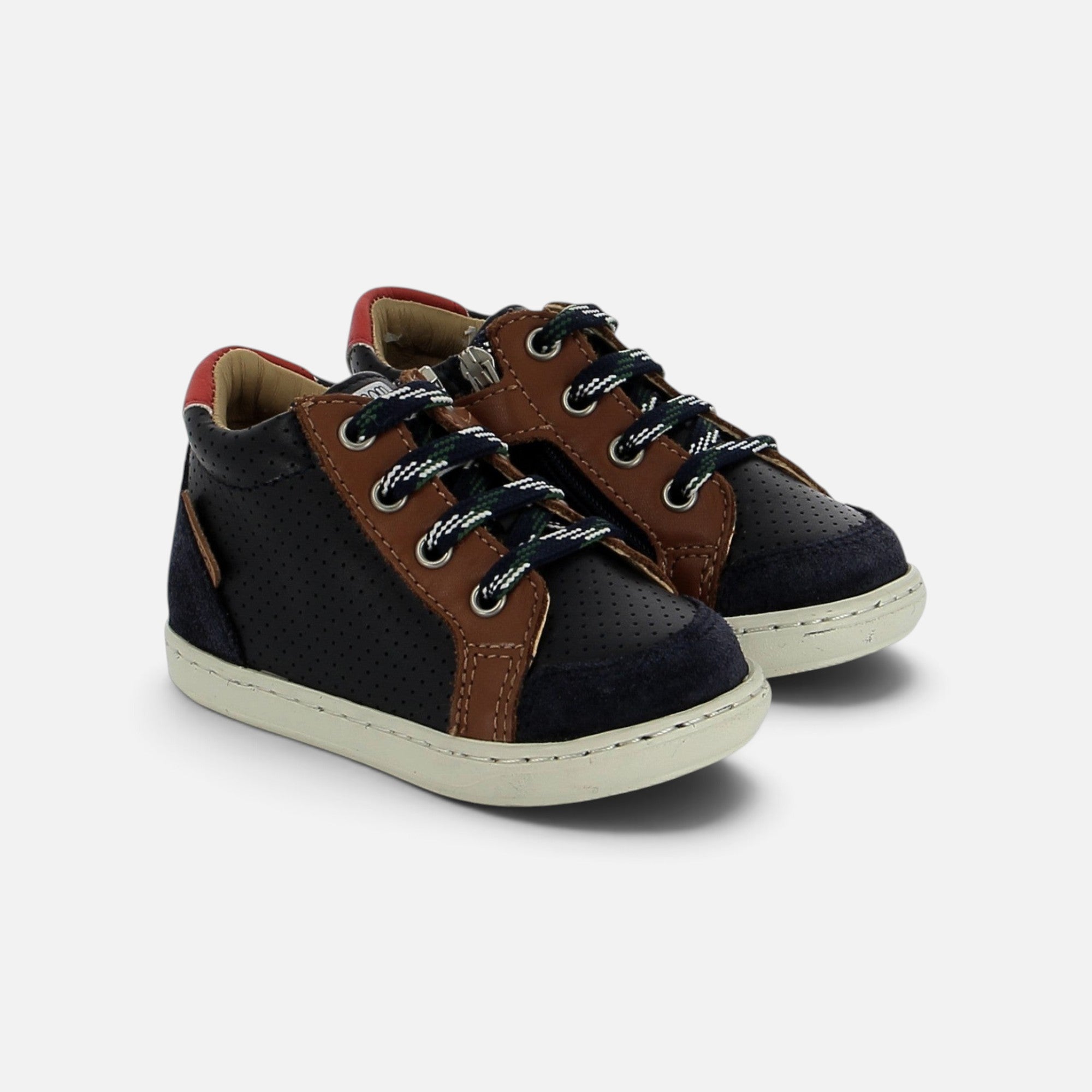 Chaussures premiers-pas Shoo Pom Bouba en cuir bleu marine et camel avec lacets et fermeture éclair latérale