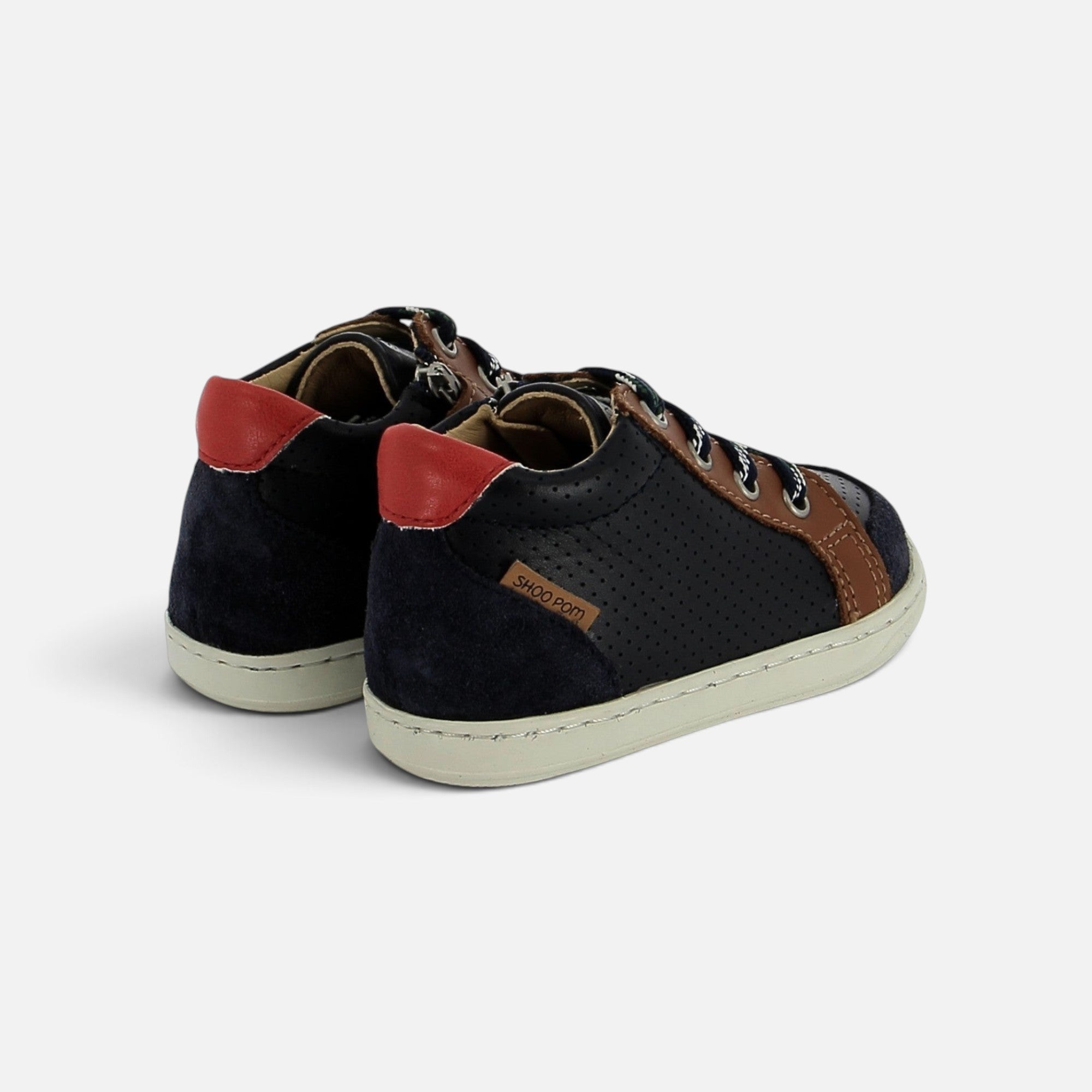 Chaussures premiers-pas Shoo Pom Bouba Zip en cuir velours bleu marine et nappa camel avec fermeture éclair latérale