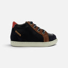 Chaussure premiers-pas Shoo Pom Bouba en cuir velours et nappa bleu marine et camel avec lacets et zip latéral
