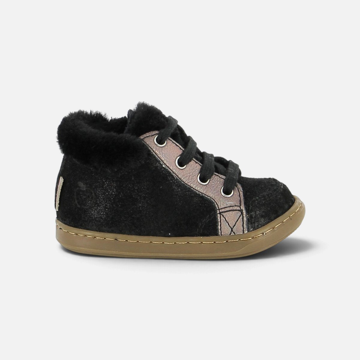 Chaussure premiers-pas Shoo Pom Bouba Zip en cuir noir avec doublure fourrée, lacets et semelle souple en caoutchouc.