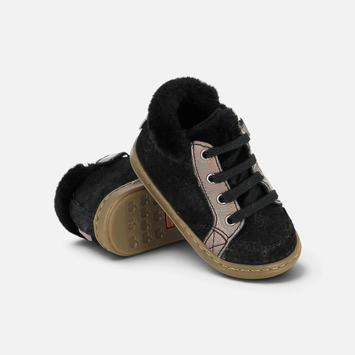 Chaussures premiers-pas Shoo Pom Bouba Zip en cuir noir fourrées avec lacets et fermeture éclair latérale
