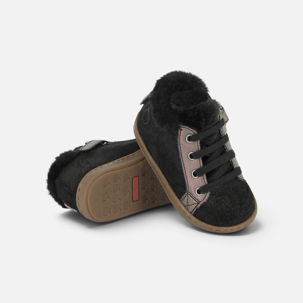 Chaussures premiers-pas Shoo Pom Bouba Zip en cuir noir fourrées avec lacets et fermeture éclair latérale