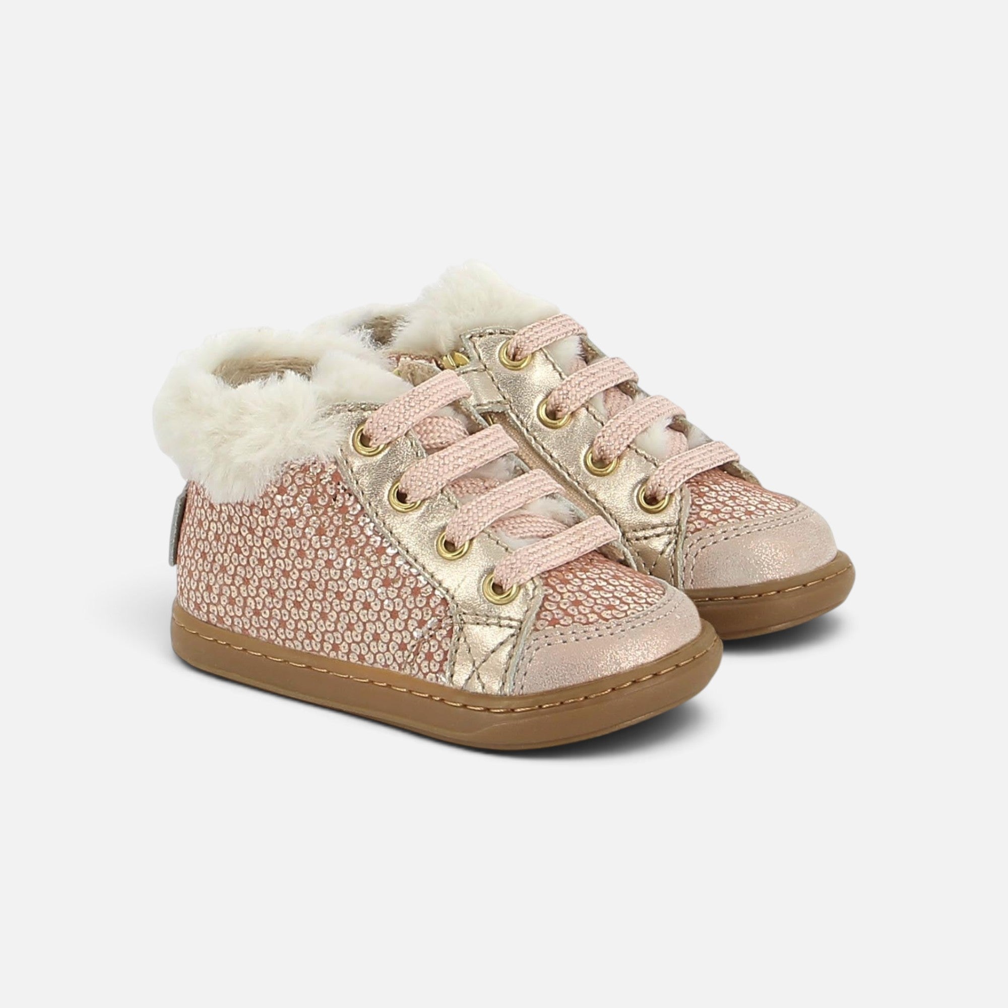 Chaussures premiers-pas Shoo Pom Bouba Zip en cuir texturé couleur sable et bronze avec doublure fourrée chaude