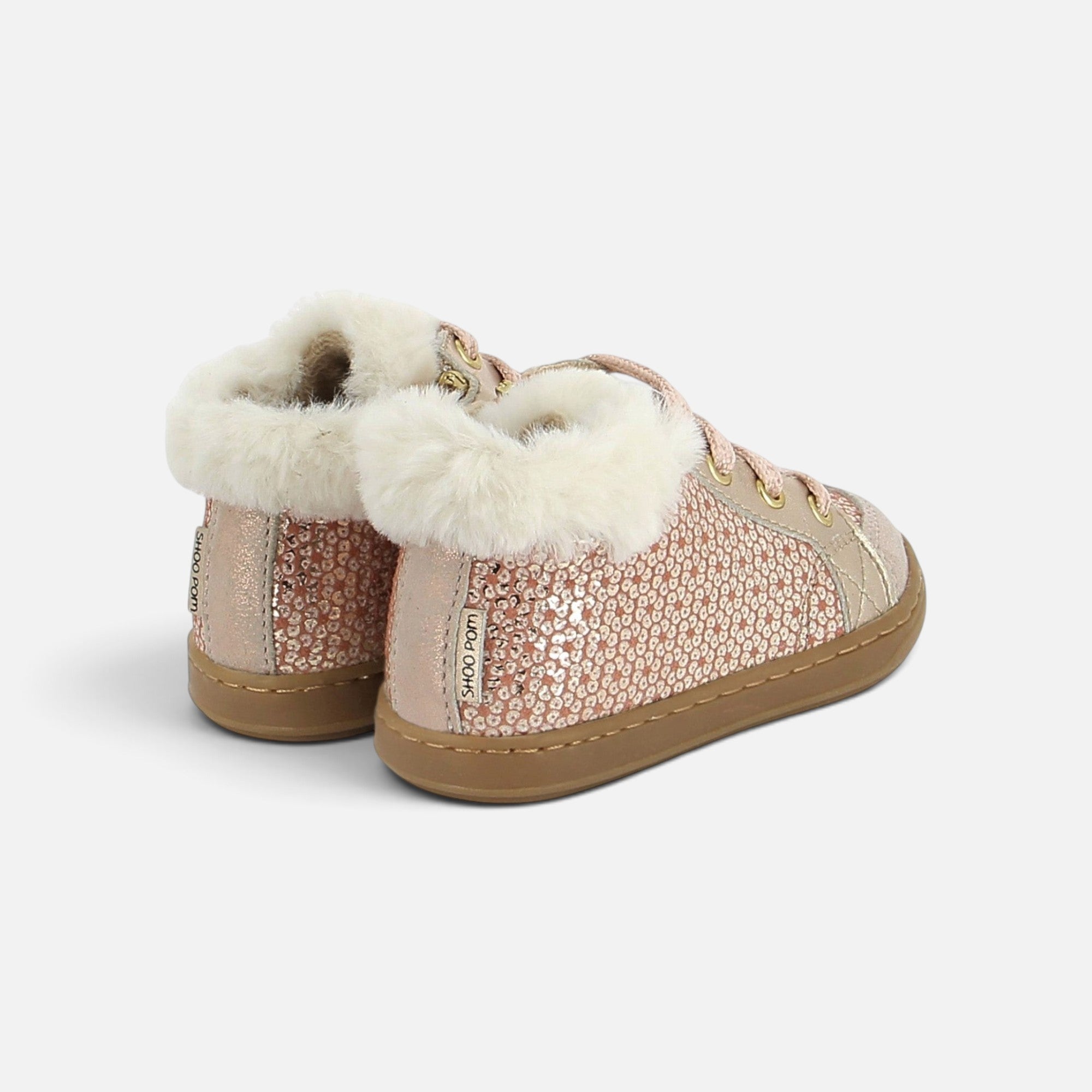 Chaussures premiers-pas Shoo Pom Bouba Zip en cuir pailleté bronze et sable avec col fourré blanc pour enfant