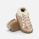 Chaussures premiers-pas Shoo Pom Bouba Zip en cuir sable et bronze brillant avec doublure fourrée et lacets roses
