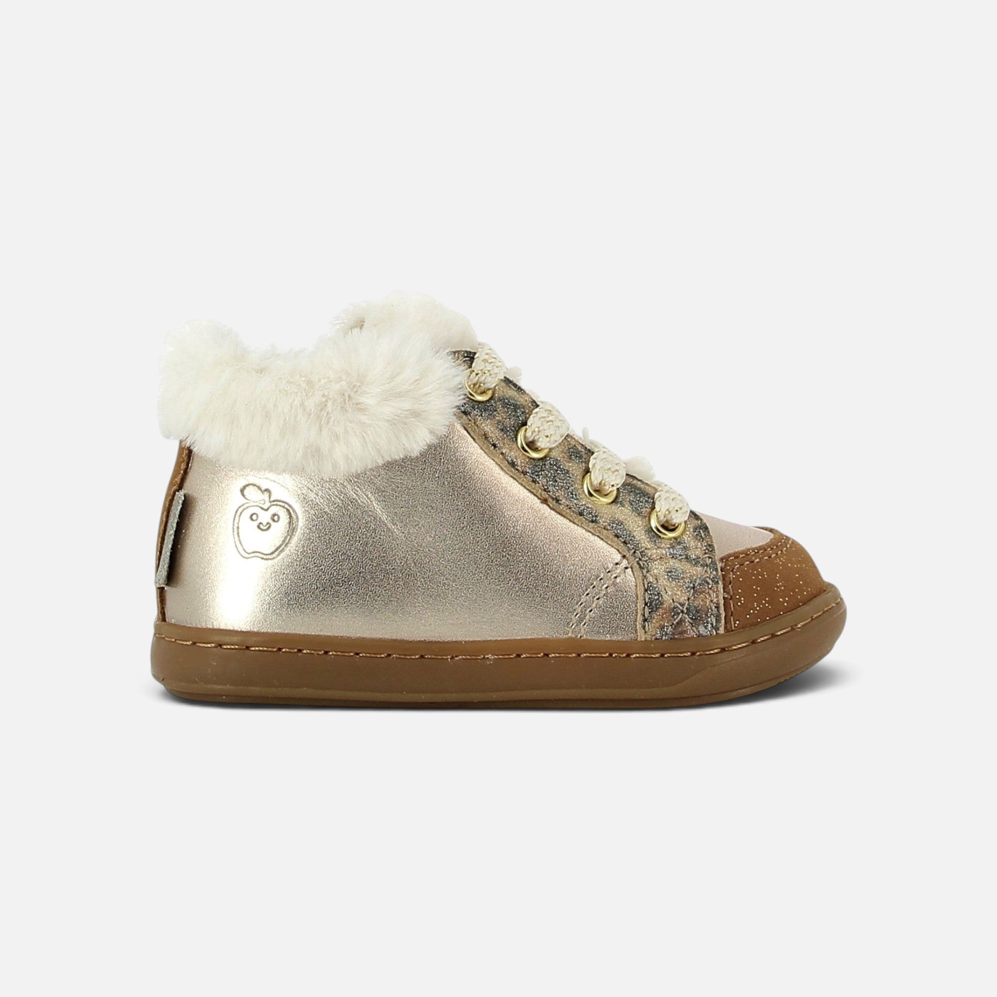 Chaussure premiers-pas Shoo Pom Bouba Zip en cuir laminé bronze clair avec col fourré et détails léopard