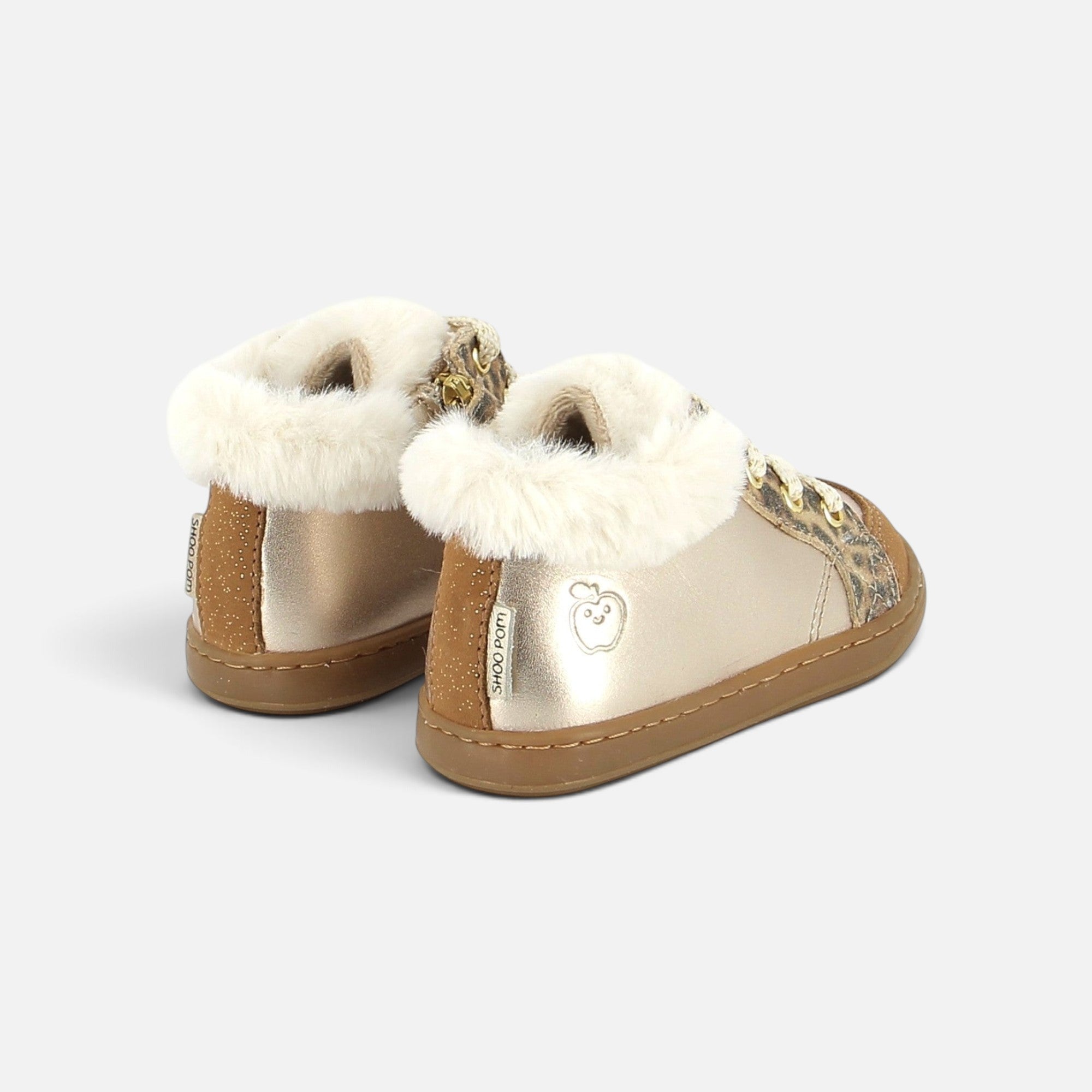 Bottines premiers pas Shoo Pom en cuir bronze laminé avec col fourré, zip latéral et détails léopard