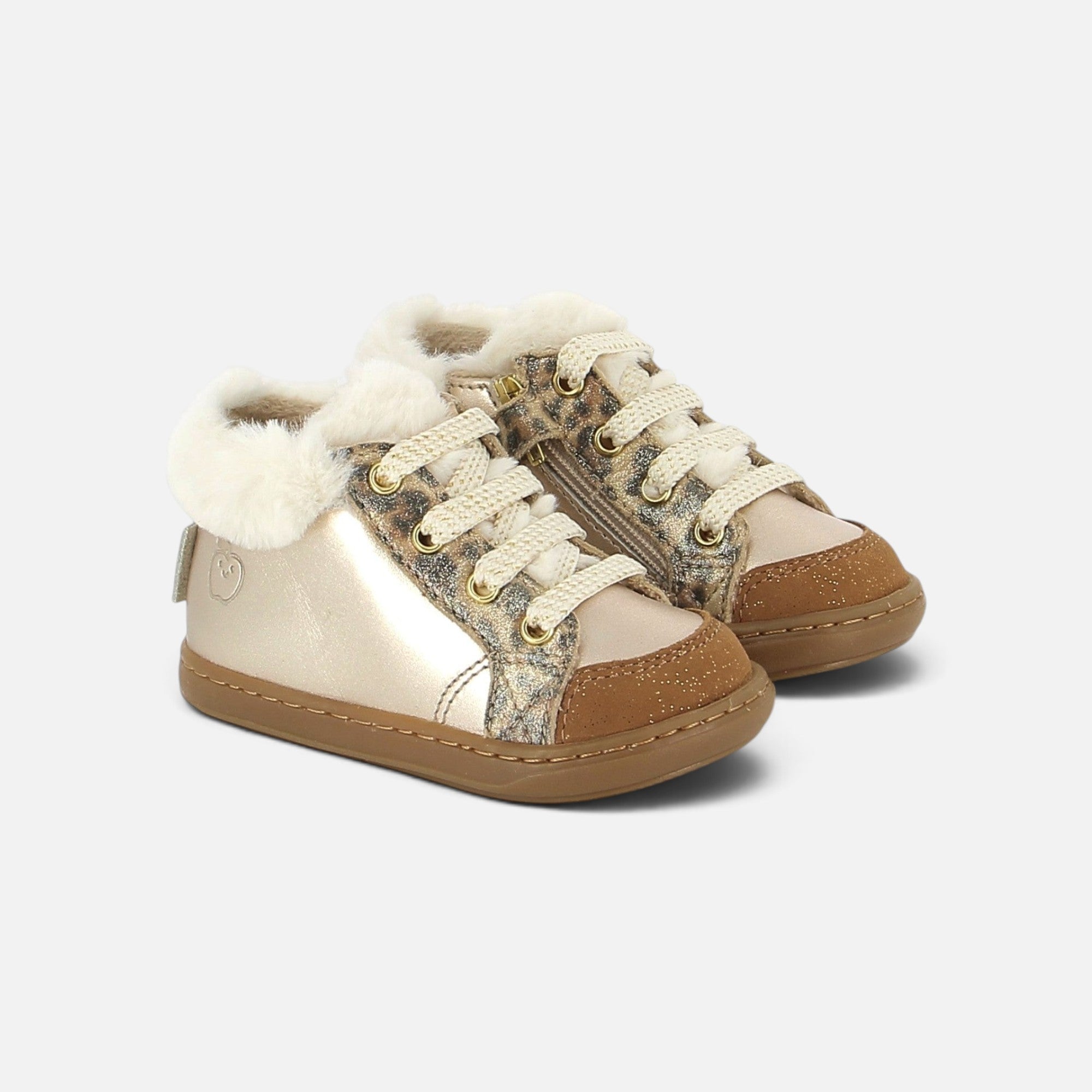 Chaussures premiers-pas Shoo Pom Bouba Zip en cuir laminé bronze clair avec détails léopard et doublure fourrée