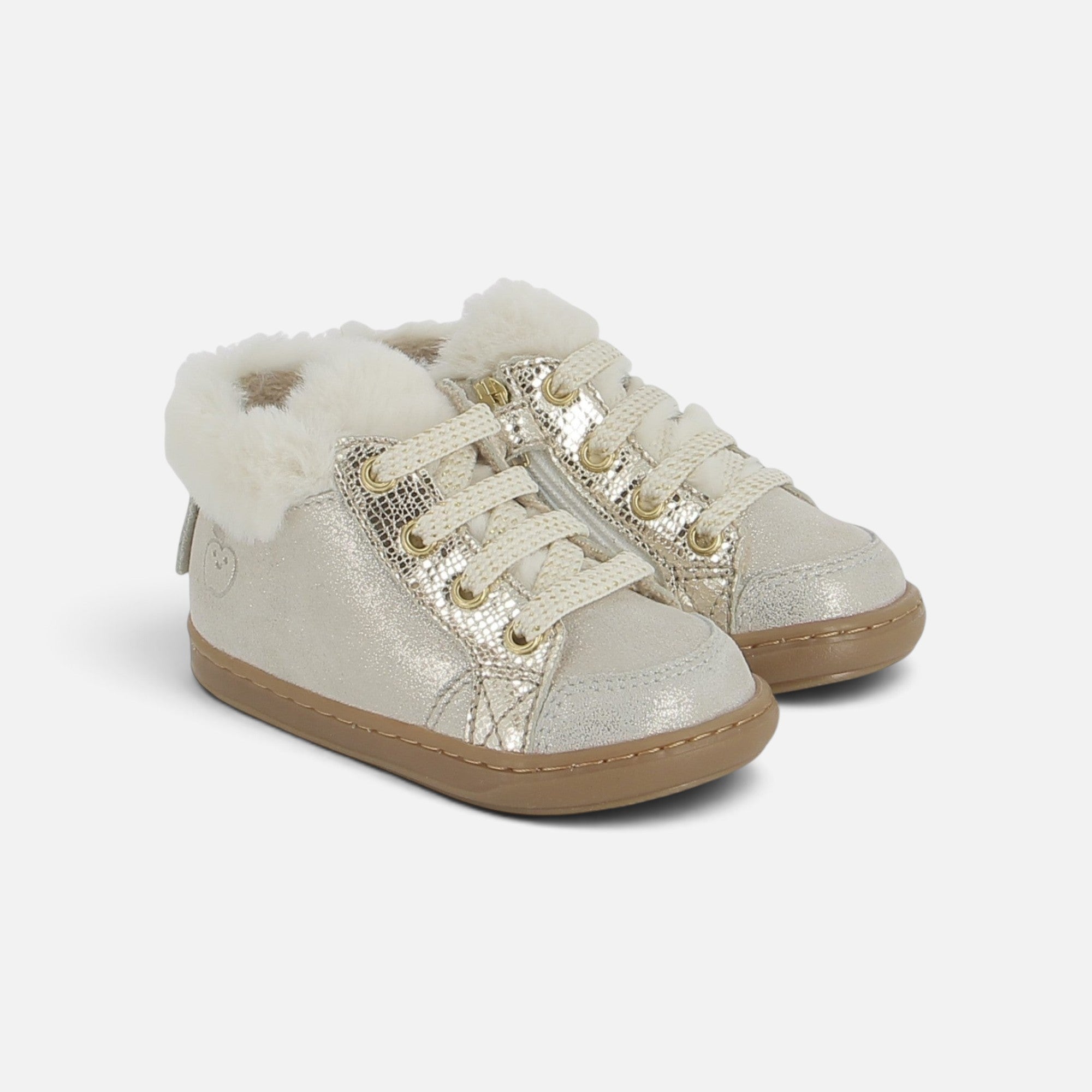 Chaussures premiers-pas Shoo Pom Bouba Zip en cuir beige métallisé avec doublure fourrée et semelle souple