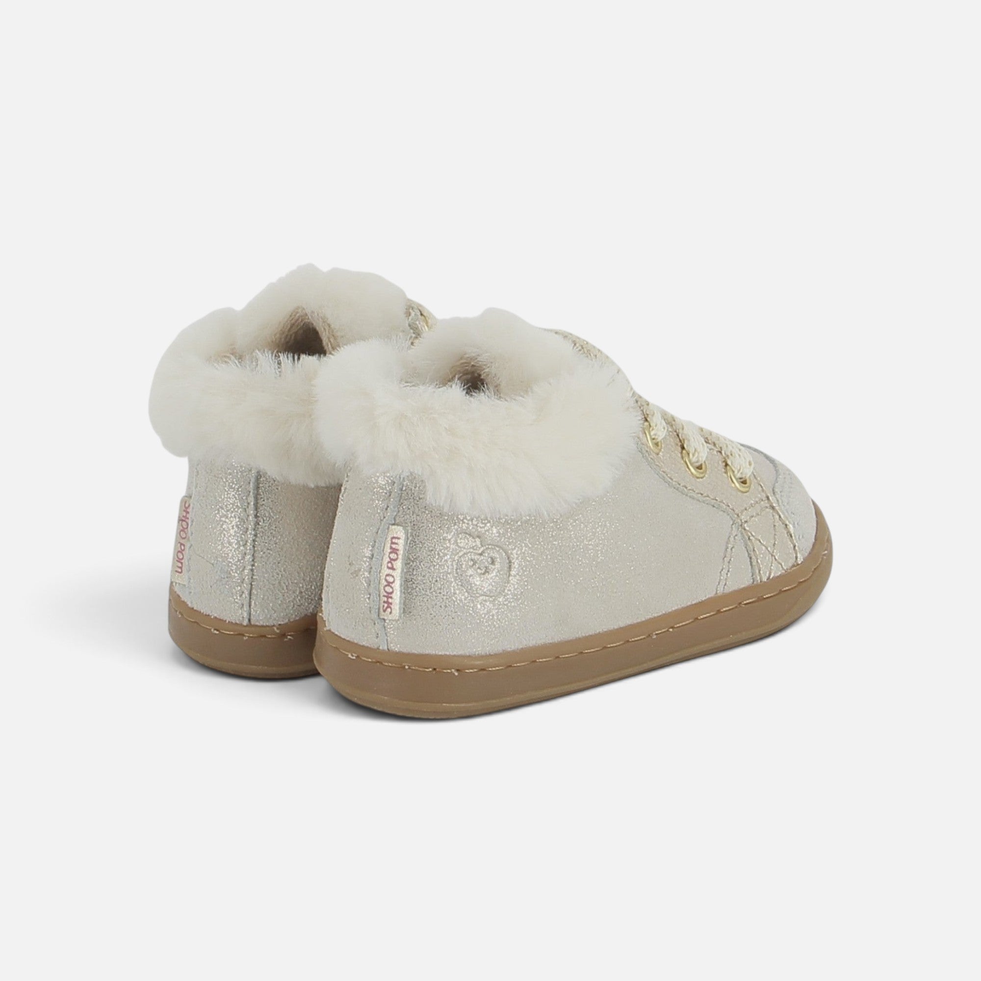 Chaussures premiers-pas Shoo Pom Bouba Zip en cuir beige scintillant avec col en fourrure synthétique et semelle gomme