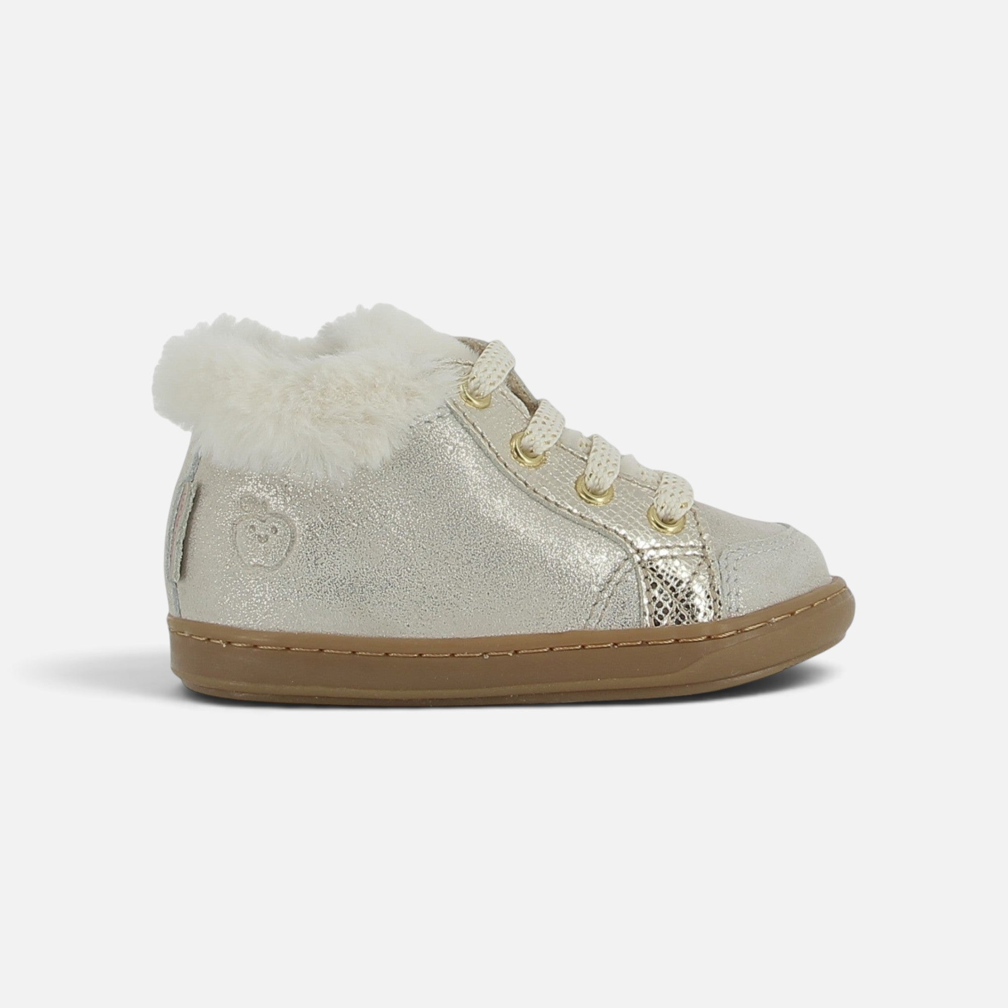 Chaussure premiers-pas Shoo Pom beige métallisé en cuir avec col en fourrure et semelle souple en caoutchouc