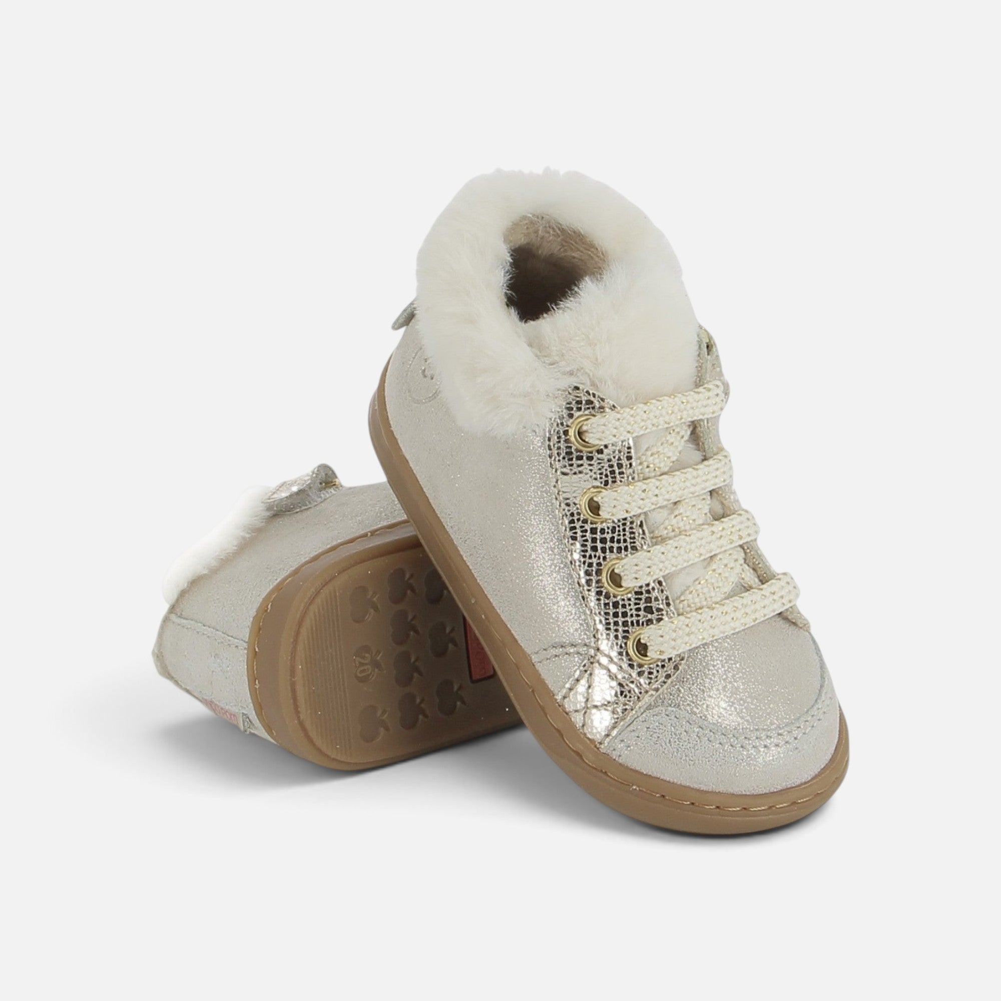 Chaussures premiers-pas Shoo Pom Bouba Zip Hair beige en cuir brillant avec col fourré et lacets
