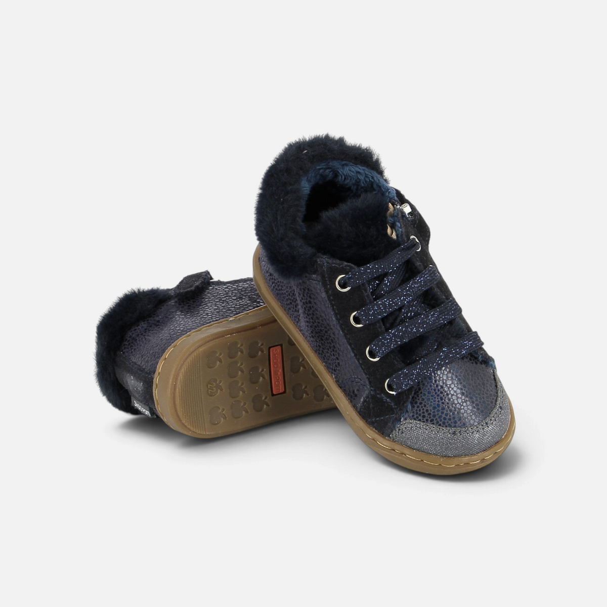 Chaussures premiers-pas Shoo Pom Bouba Zip en cuir bleu marine avec doublure fourrée et fermeture éclair latérale