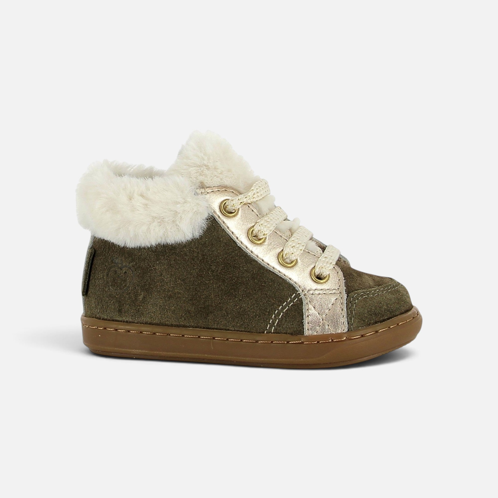 Chaussure premiers-pas Shoo Pom kaki en velours huilé avec doublure fourrée, lacets et zip latéral