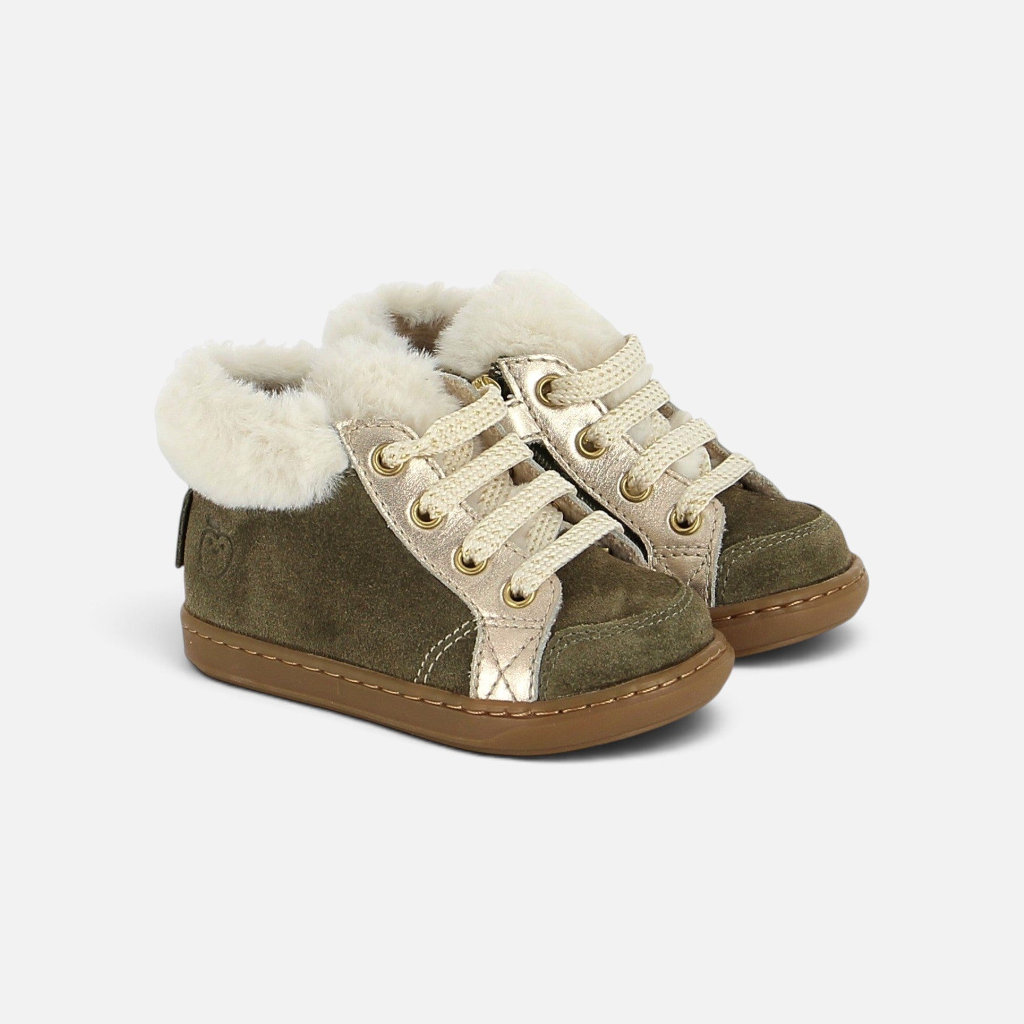Chaussures premiers-pas Shoo Pom kaki en velours huilé avec doublure fourrée, lacets et zip latéral pratique