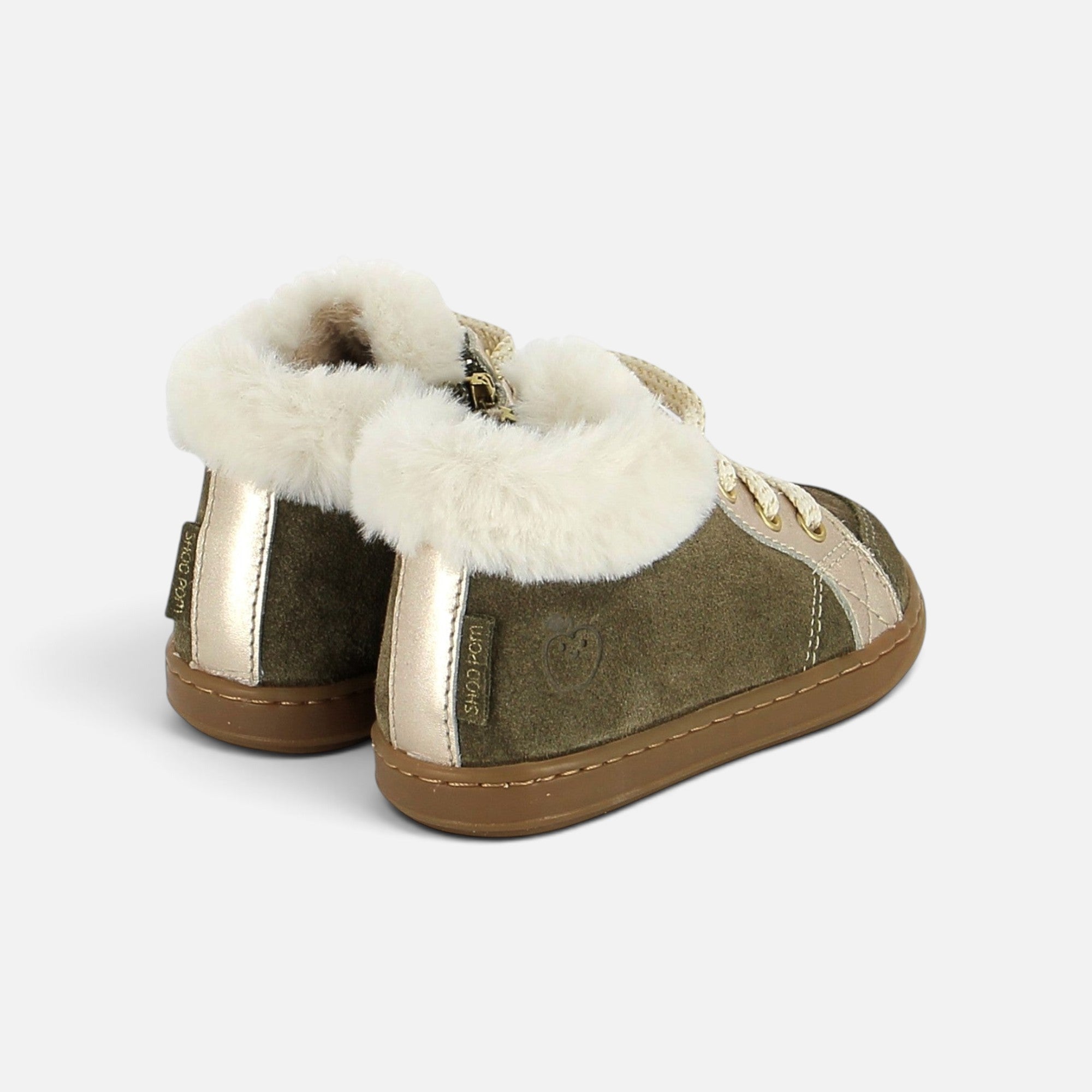 Chaussures premiers-pas Shoo Pom kaki en velours huilé avec col en fourrure synthétique et détails dorés