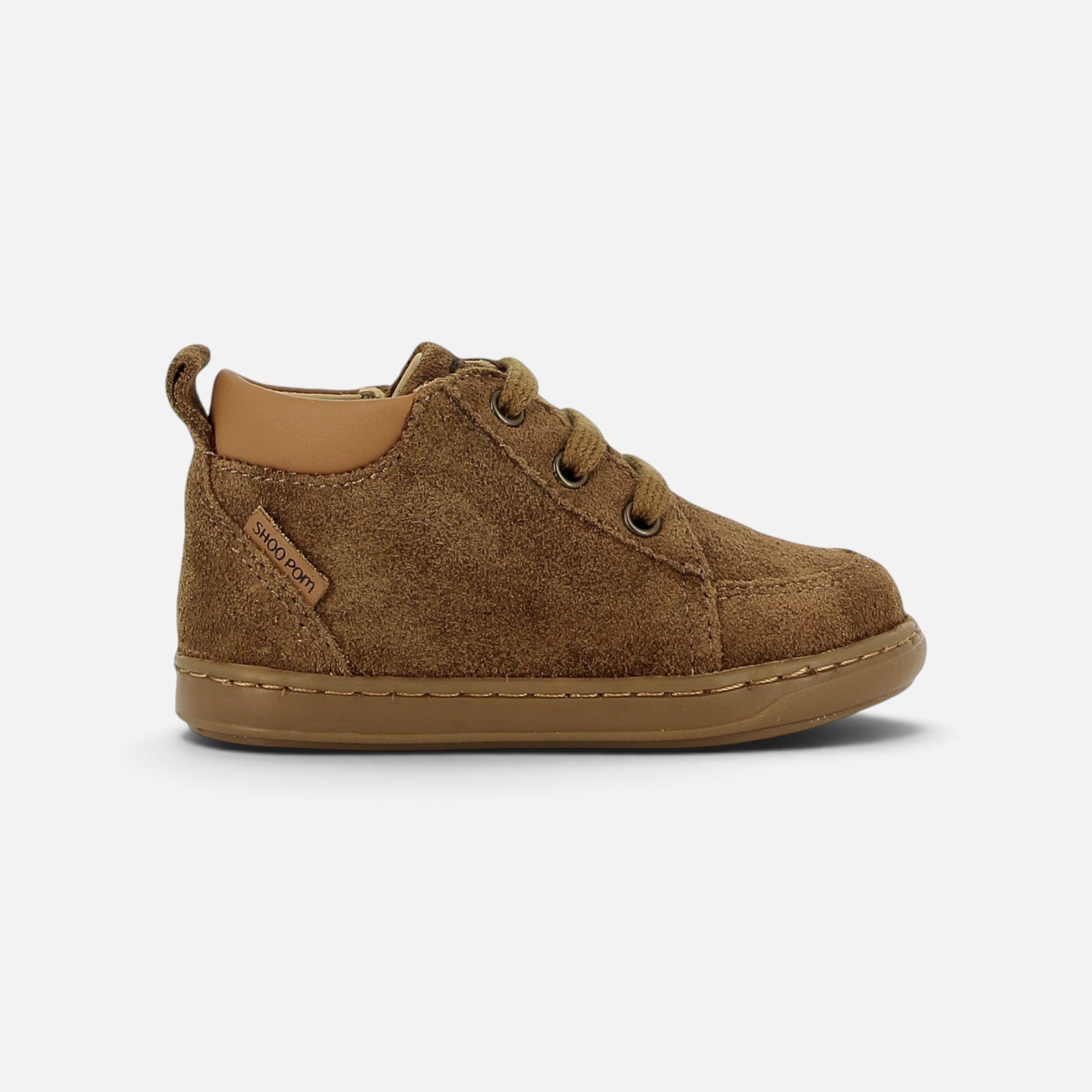 Chaussure premiers-pas Shoo Pom Bouba Zip Miko en velours camel avec lacets et fermeture éclair latérale