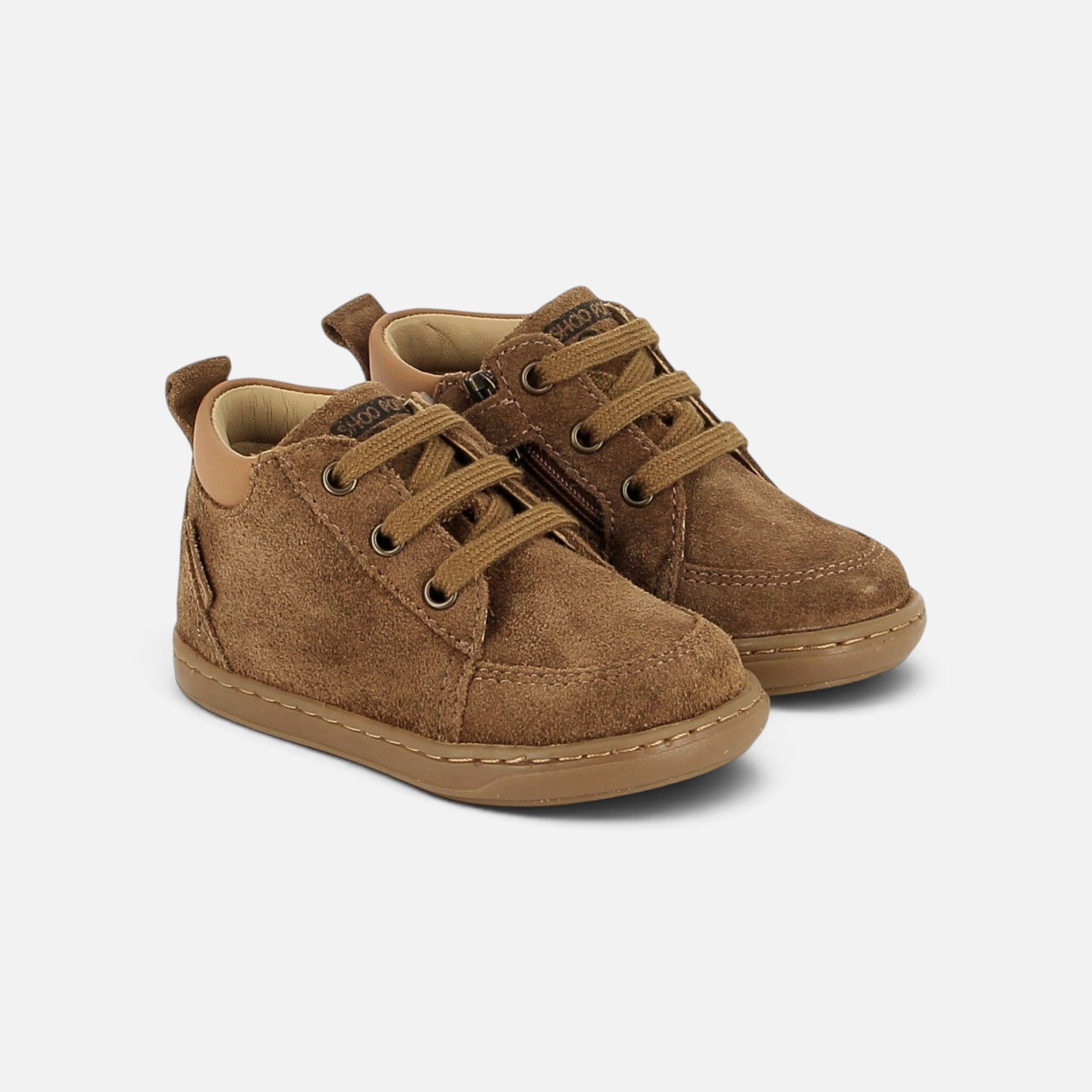 Chaussures premiers pas Shoo Pom en velours camel avec lacets et fermeture éclair latérale pour enfant