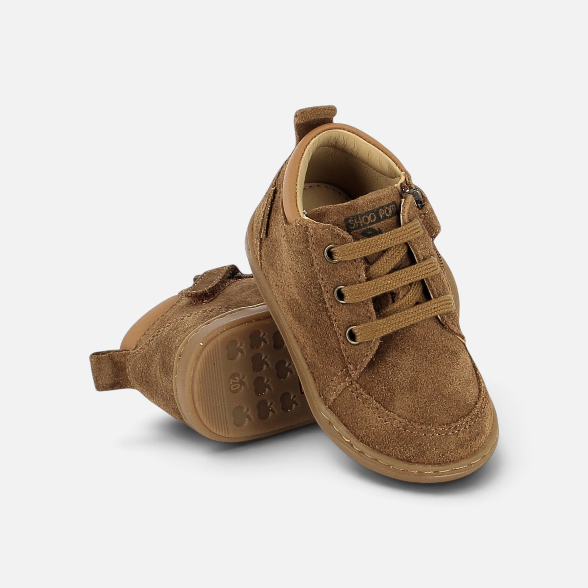 Chaussures premiers-pas Shoo Pom Bouba Zip Miko en velours camel avec lacets et fermeture éclair latérale