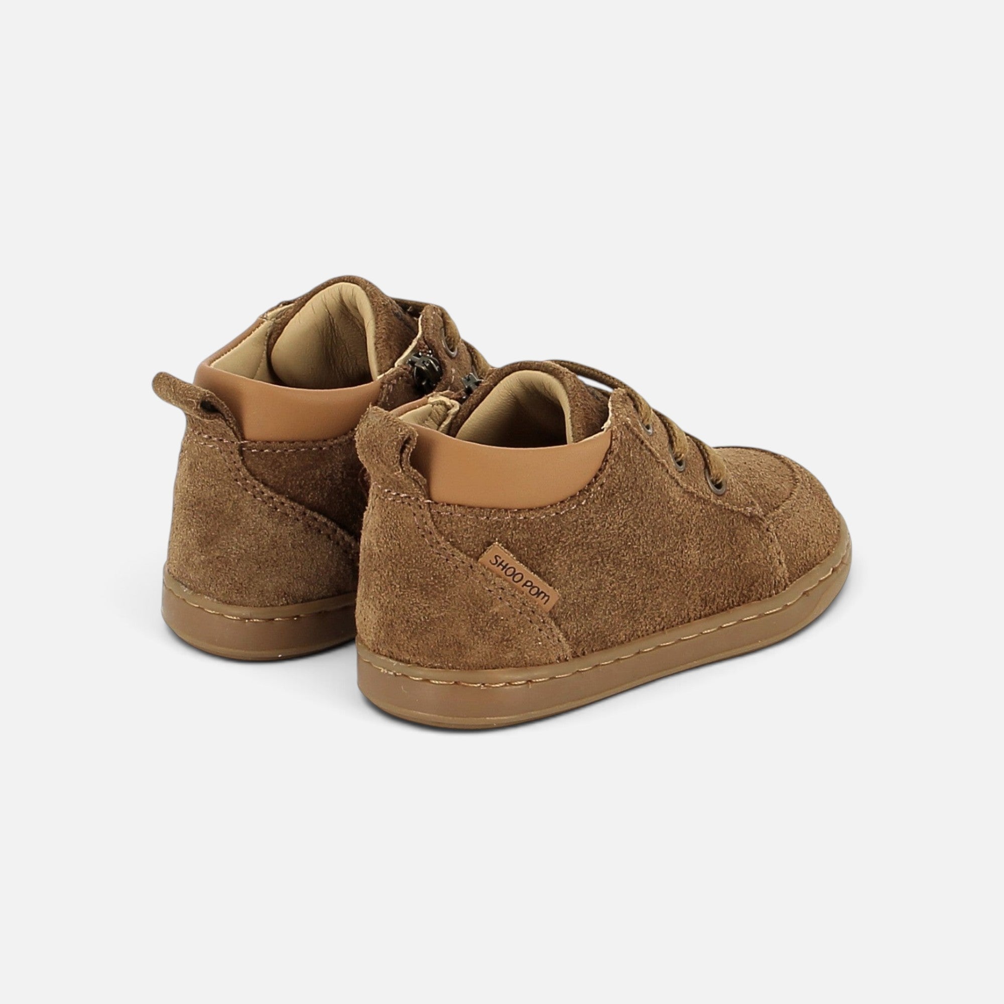 Chaussures premiers-pas Shoo Pom Bouba Zip en velours camel avec fermeture éclair latérale et semelle souple