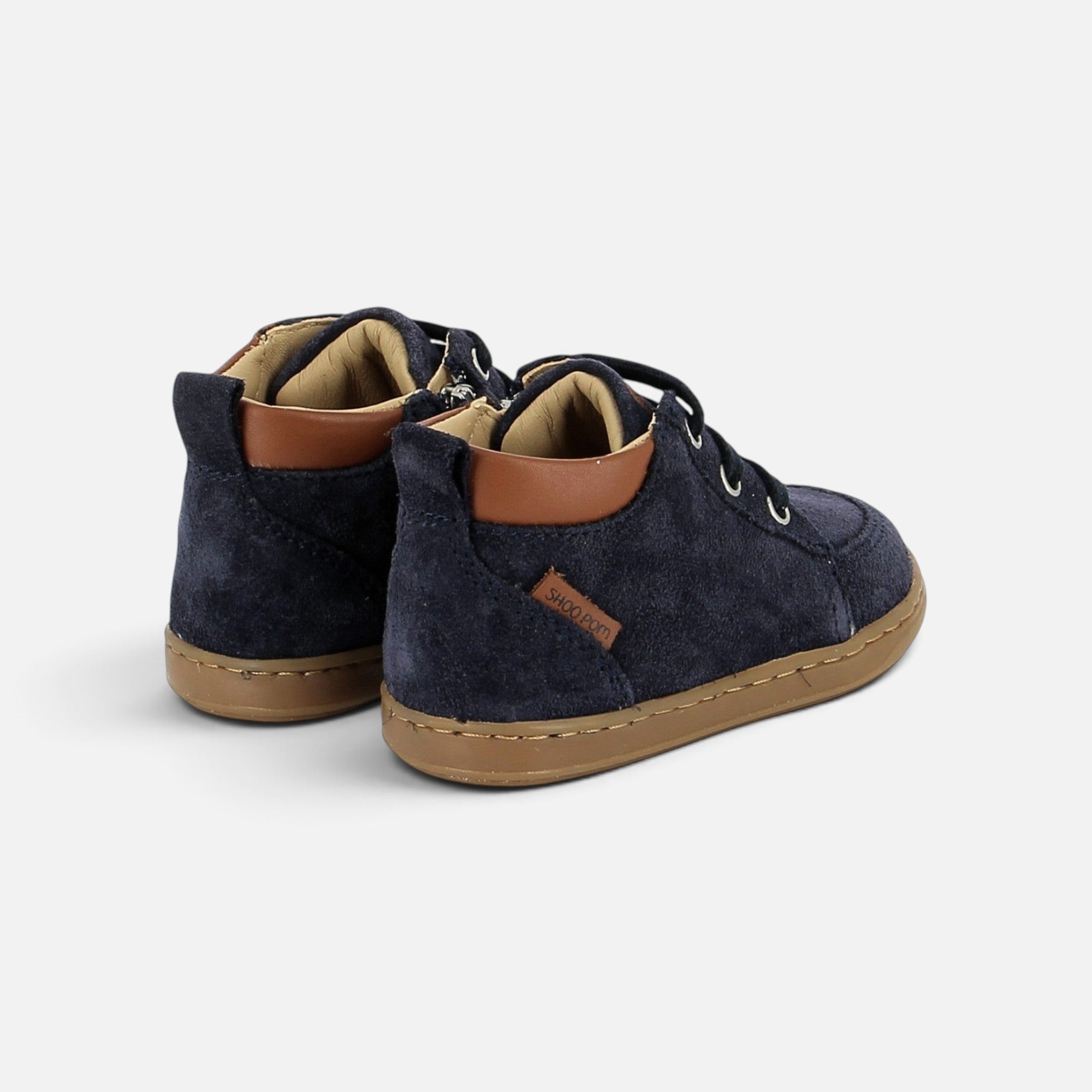 Chaussures premiers-pas Shoo Pom Bouba Zip Miko en velours bleu marine avec col marron et semelle en caoutchouc