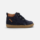 Chaussures premiers-pas Shoo Pom en velours bleu marine avec col marron et semelle en caoutchouc souple