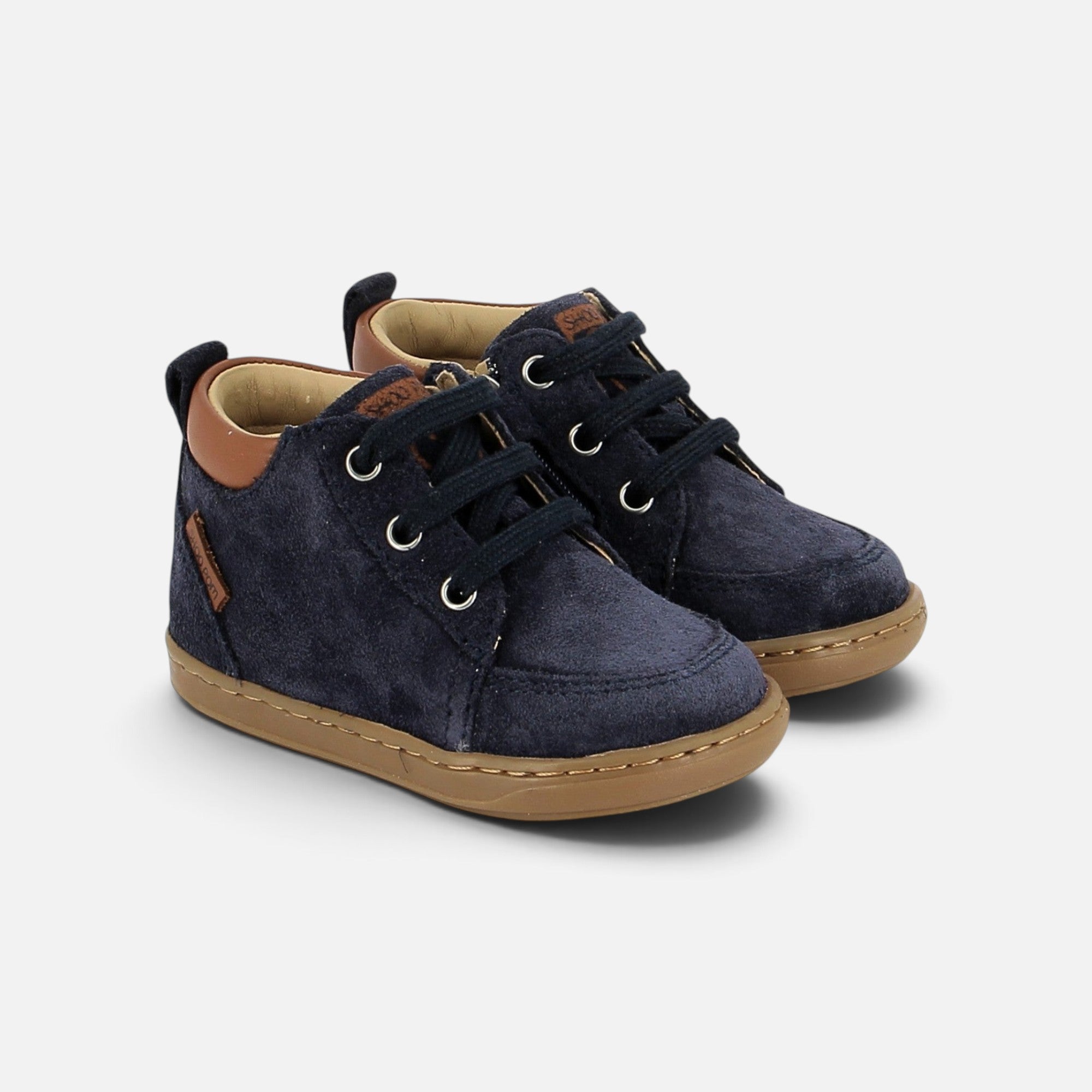 Chaussures premiers-pas Shoo Pom Bouba Zip Miko en velours bleu marine avec lacets et semelle en caoutchouc souple