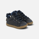 Chaussures premiers-pas Shoo Pom en cuir bleu marine avec doublure fourrée, lacets et fermeture éclair latérale