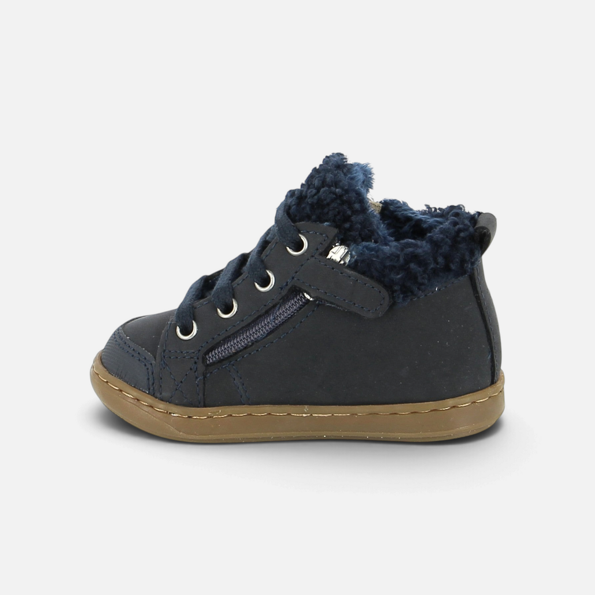 Chaussure premiers-pas Shoo Pom en cuir bleu marine avec doublure fourrée, lacets et fermeture éclair latérale