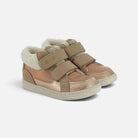 Baskets montantes Shoo Pom pour enfant en cuir métallisé rose et beige avec doublure en fourrure et fermetures velcro