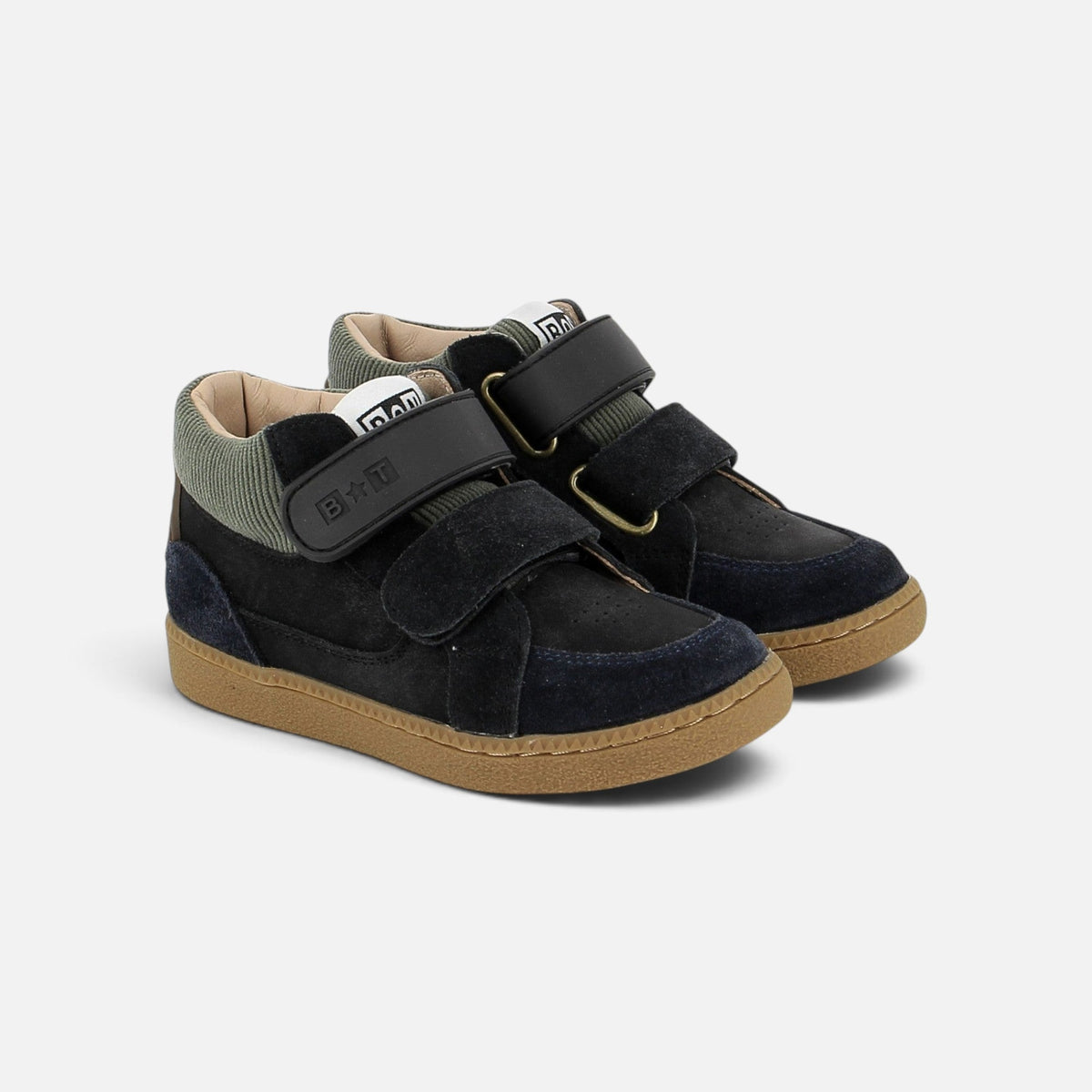 Baskets montantes Shoo Pom en cuir et daim bleu marine avec col côtelé vert et fermetures à scratch