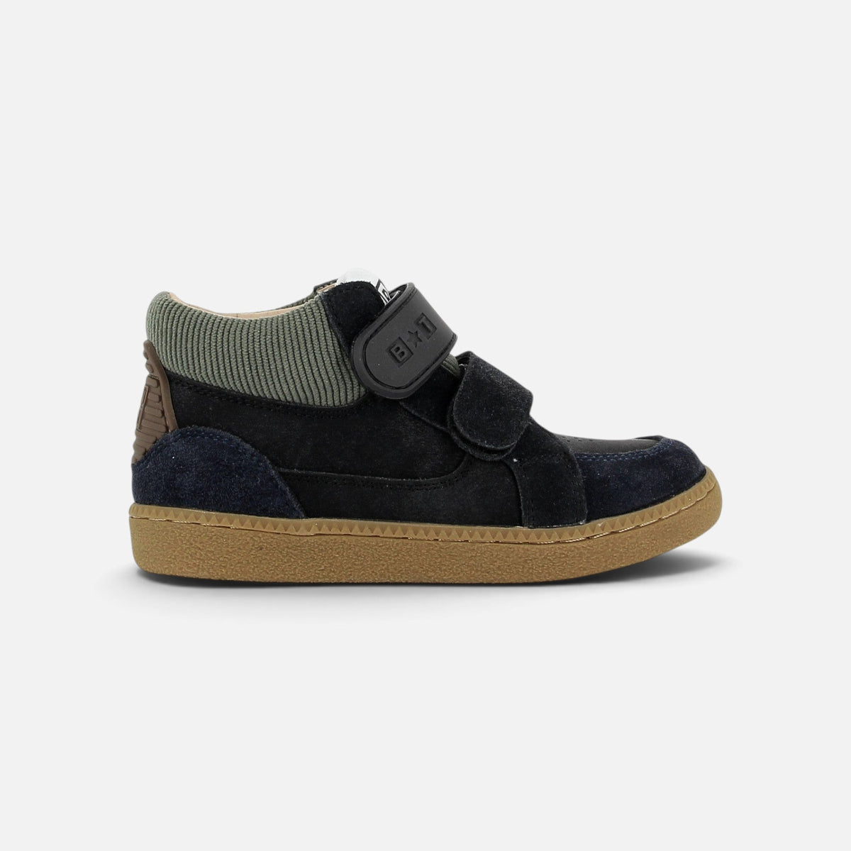 Baskets montantes Shoo Pom en cuir et daim bleu marine avec col côtelé vert et fermeture à double scratch