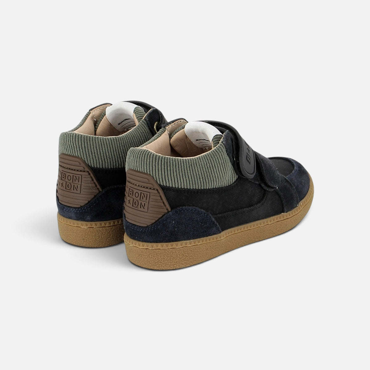 Baskets montantes Shoo Pom en daim bleu marine avec col côtelé vert et semelle en gomme marron