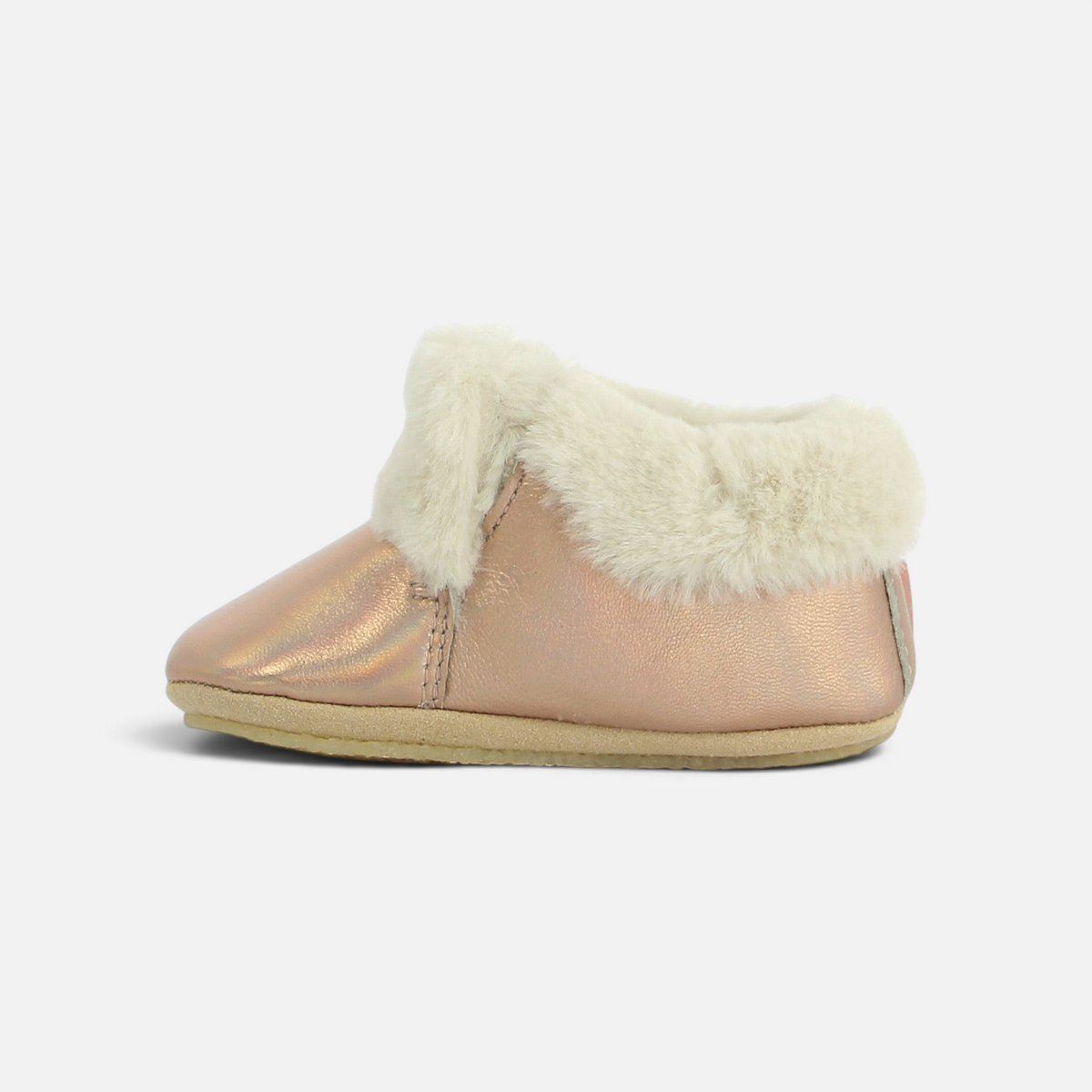 Chaussons bébé Shoo Pom Doudou Fur en cuir nappa métallisé cuivre avec col en fourrure synthétique douce