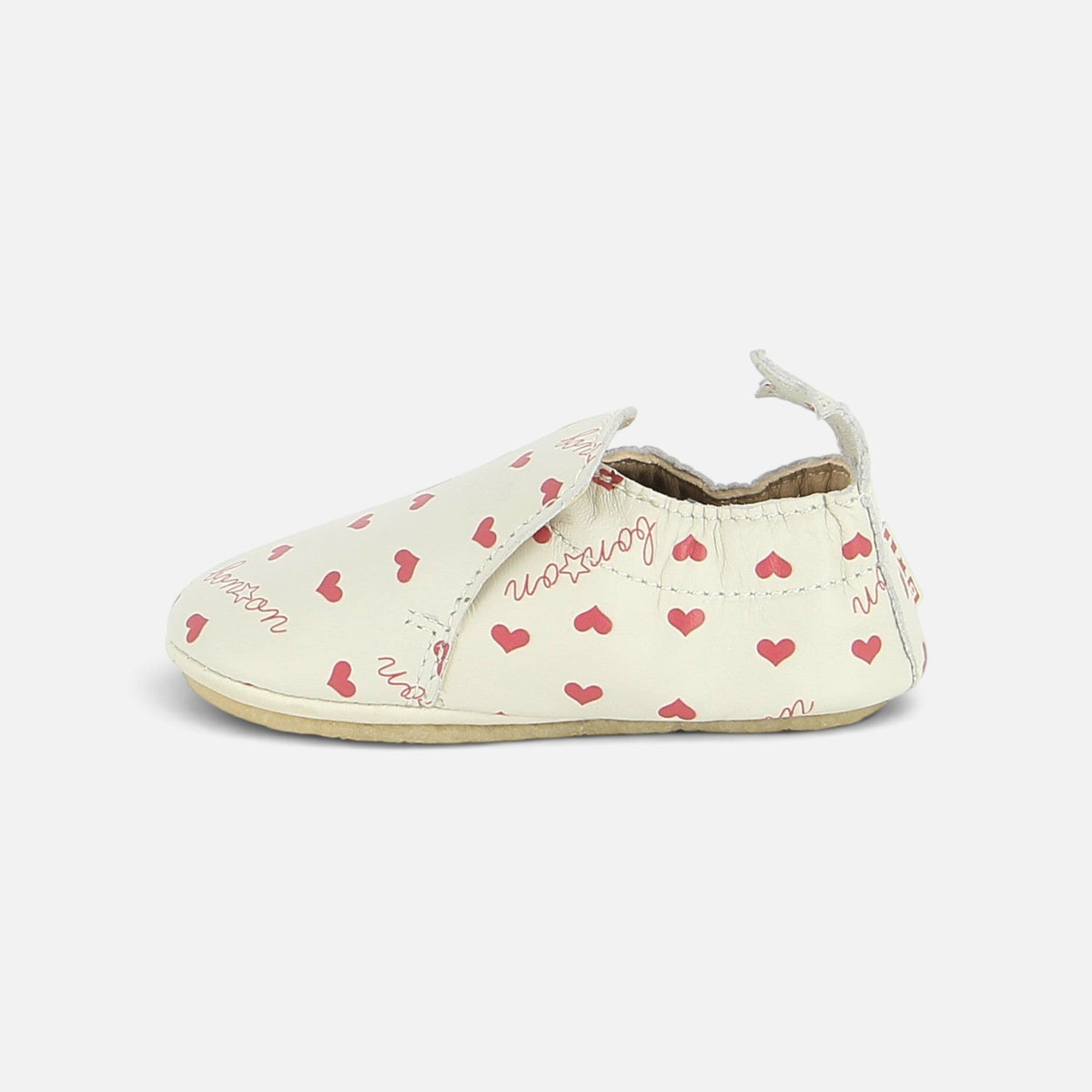Chaussons bébé Shoo Pom en cuir souple blanc avec motif cœurs roses et inscriptions