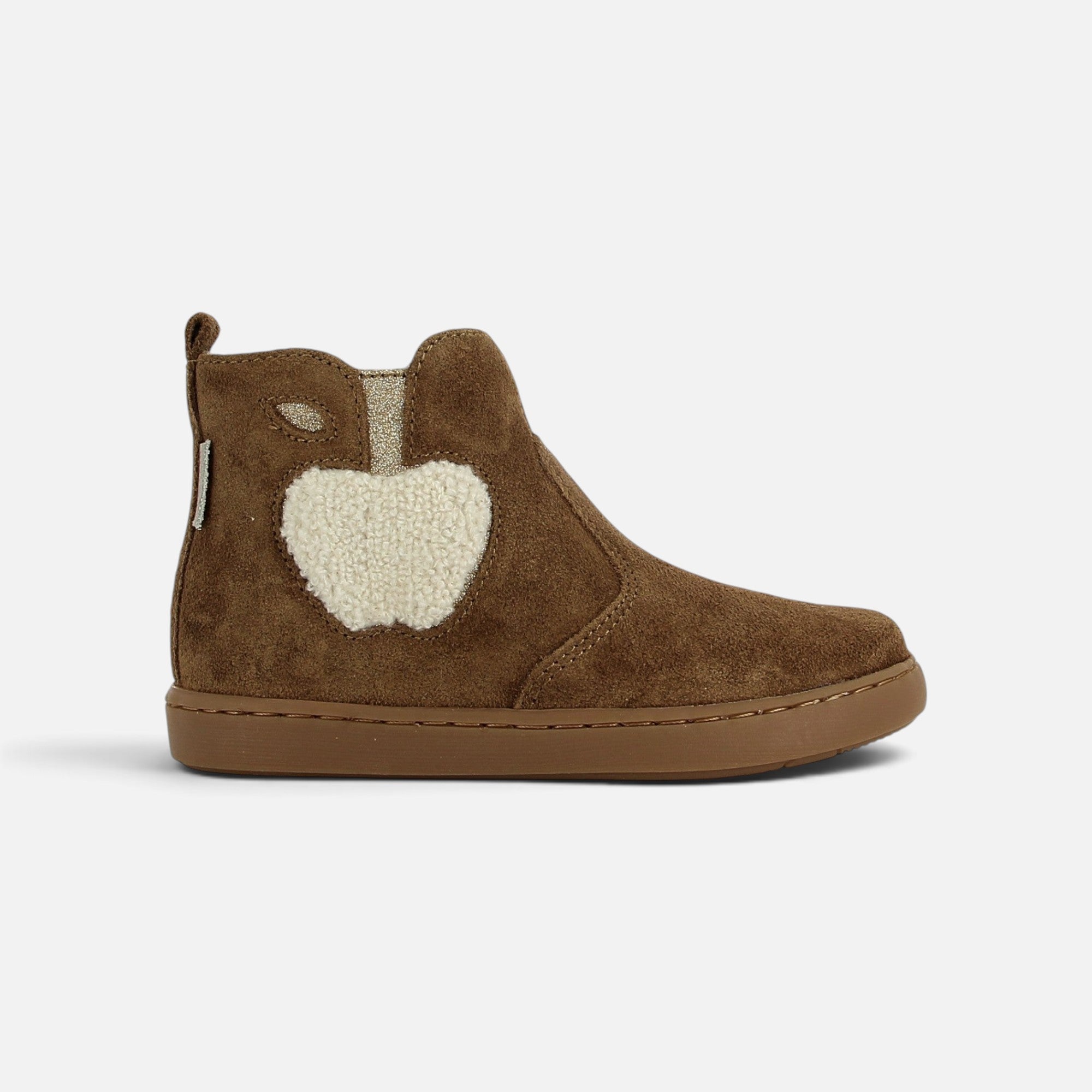 Bottines Shoo Pom PLAY APPLE FUR en velours camel avec motif pomme en fourrure blanche et détails dorés