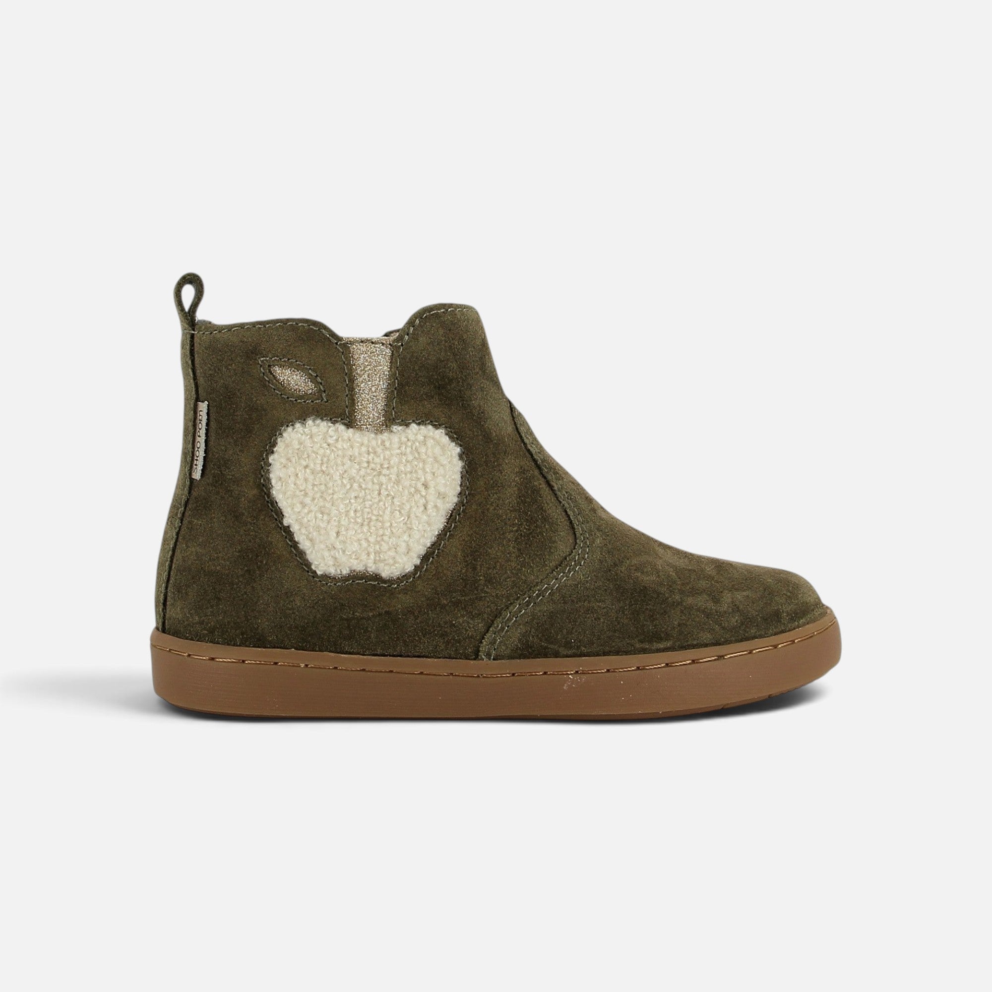 Bottine Shoo Pom kaki en cuir velours avec motif pomme en fourrure blanche, idéale pour l'hiver.