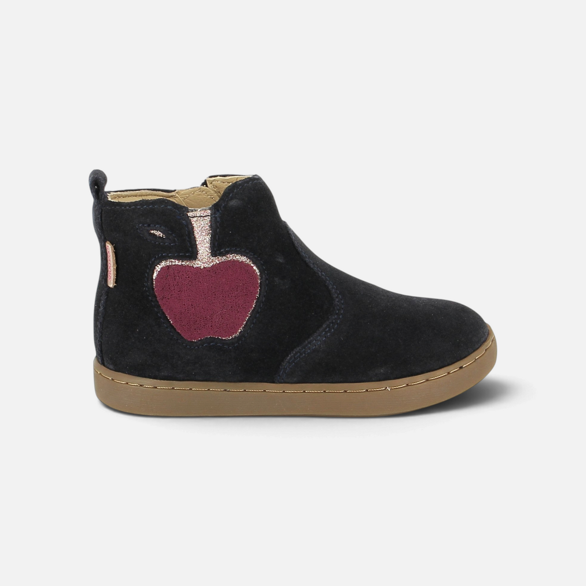 Bottine Shoo Pom PLAY APPLE TUFF en cuir velours bleu marine avec motif pomme pailleté et fermeture éclair latérale