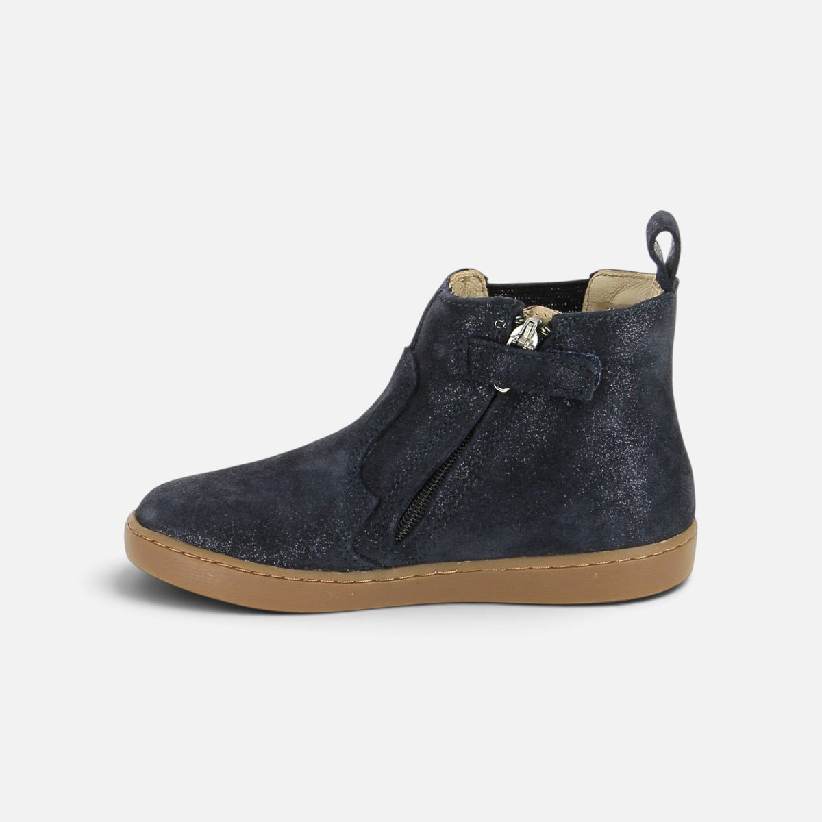 Bottines Shoo Pom Play Chelsea en cuir bleu marine scintillant avec fermeture éclair latérale et semelle en gomme
