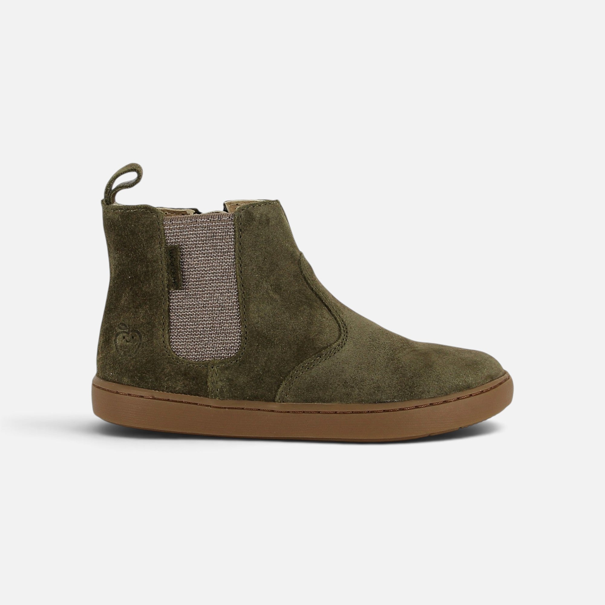 Bottines Chelsea Shoo Pom pour enfant en velours huilé kaki avec empiècements élastiques et semelle en gomme marron